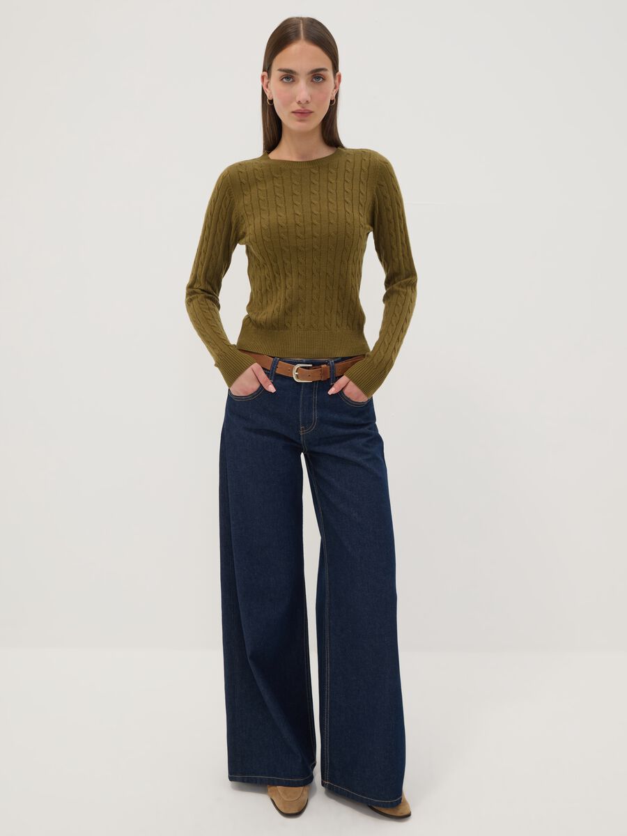 Olive green cable-knit crew neck jumper, regular fit_1