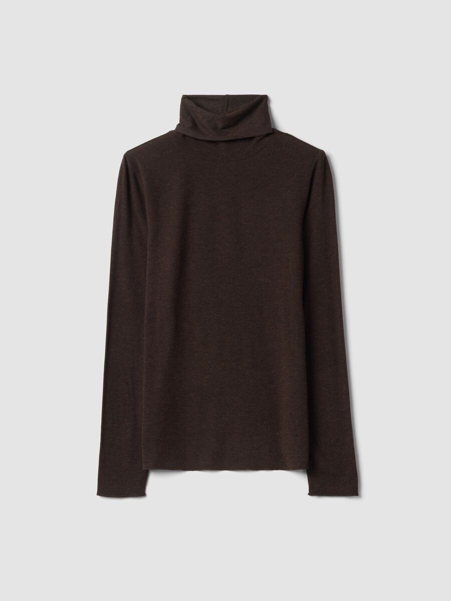 T-shirt marrone in modal e lana elasticizzata con colletto rialzato regular fit_0