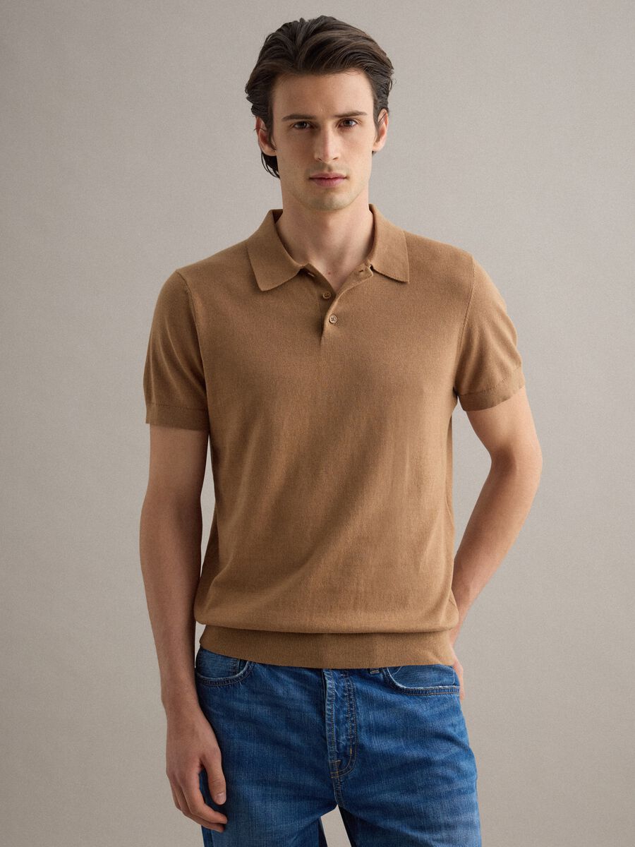 Regular fit brown polo shirt in cotton, linen and silk blend_1