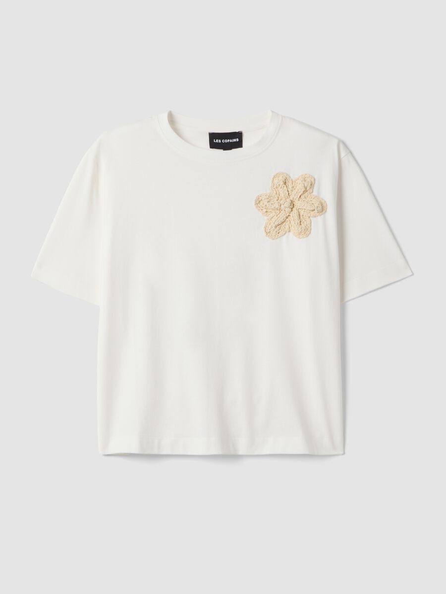 Weisses Regular-Fit-T-Shirt aus reiner Baumwolle mit Blumenapplikation_0