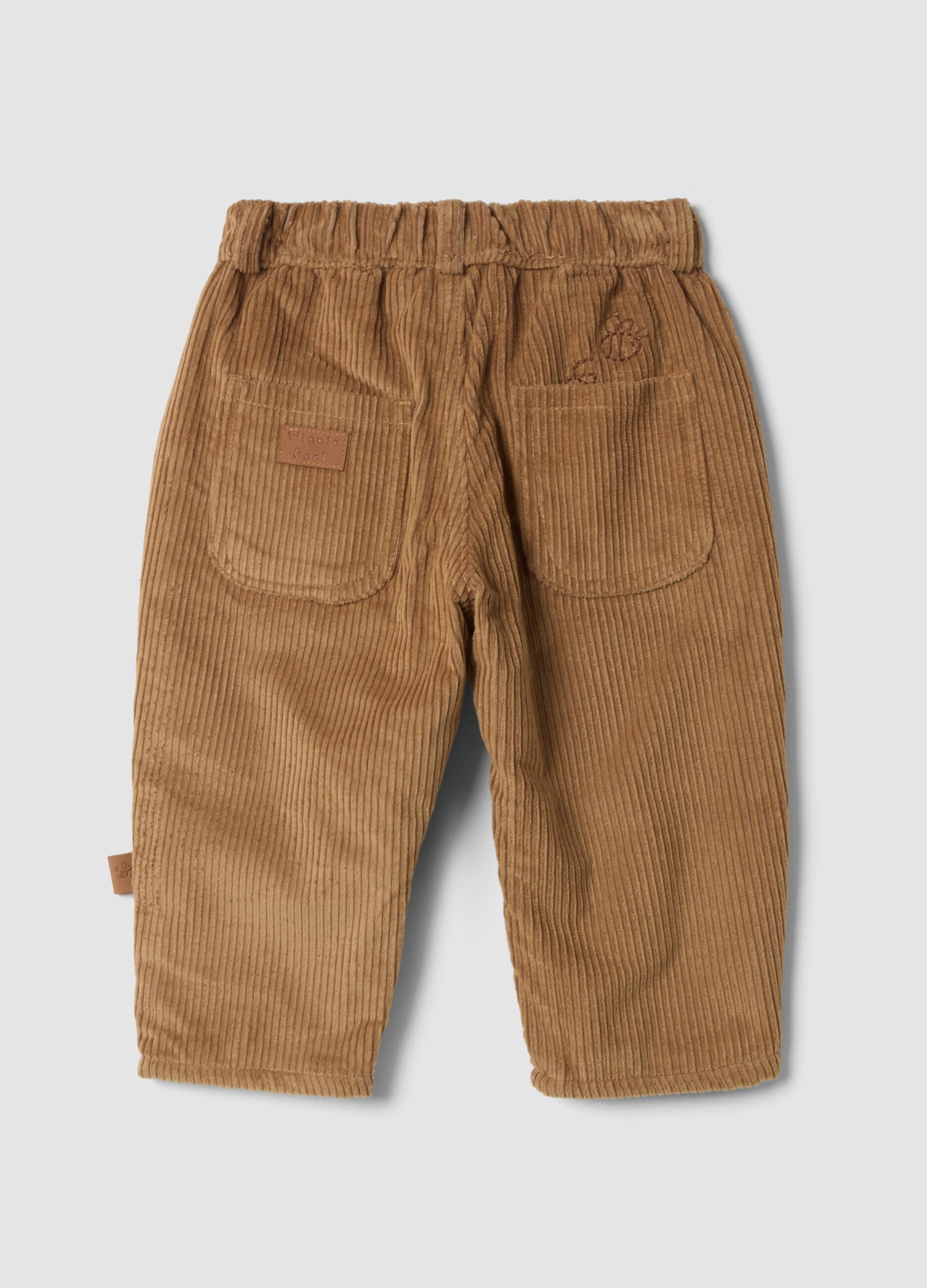 Cal&ccedil;as bege em algod&atilde;o puro canelado com bordado do Winnie the Pooh, comfort fit