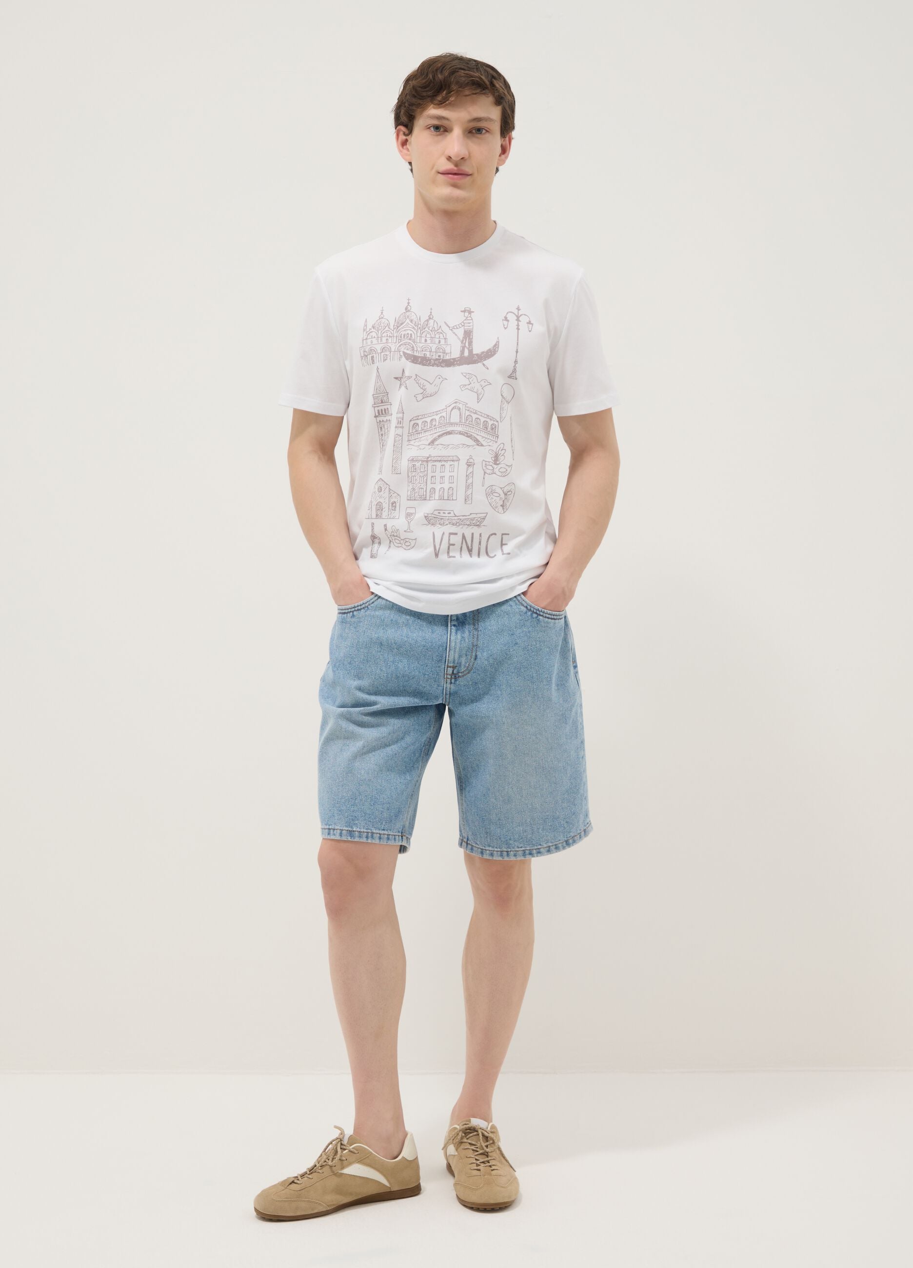 Wei&szlig;es T-Shirt aus reiner Baumwolle mit Print, Regular Fit