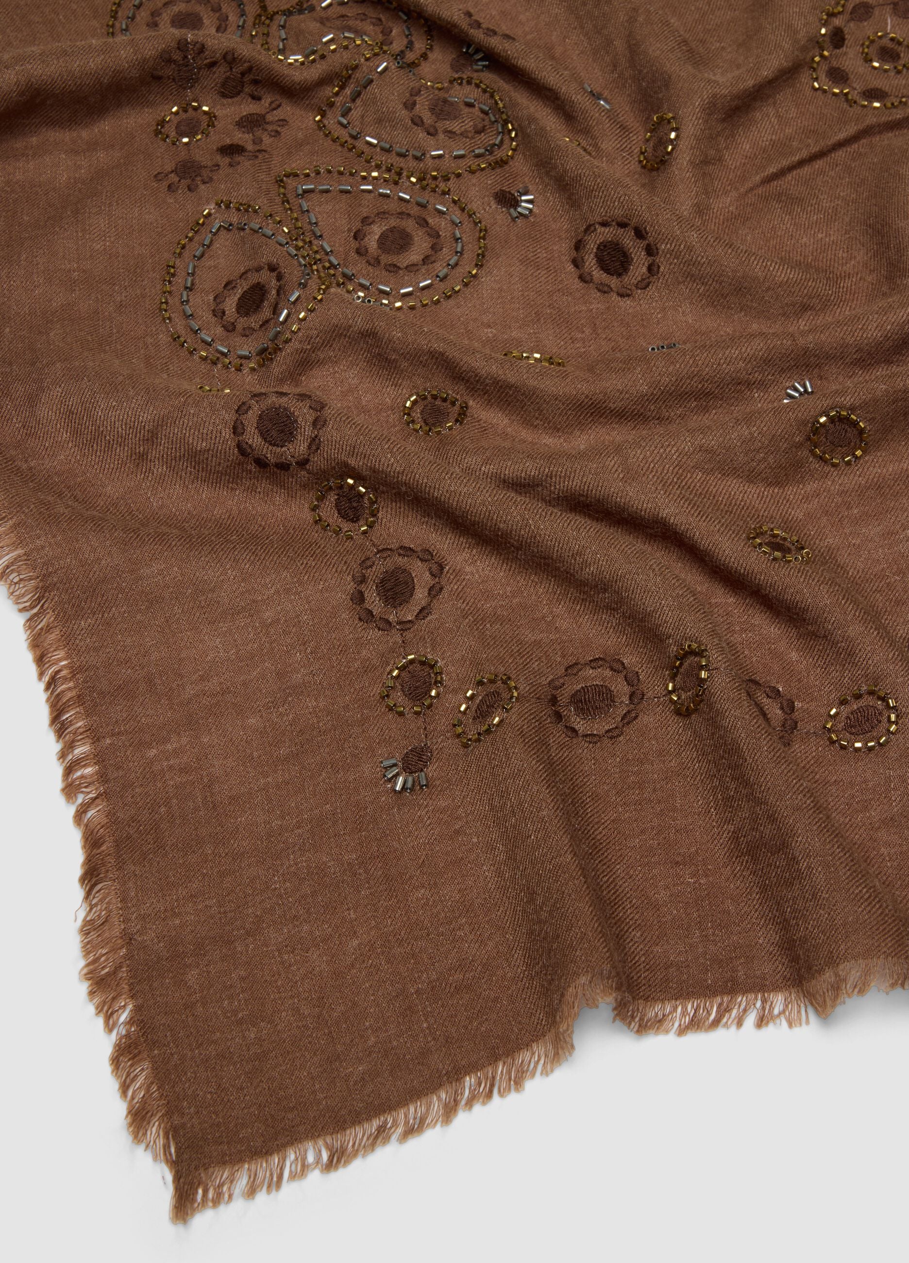 Brown wool-blend scarf with embroidery