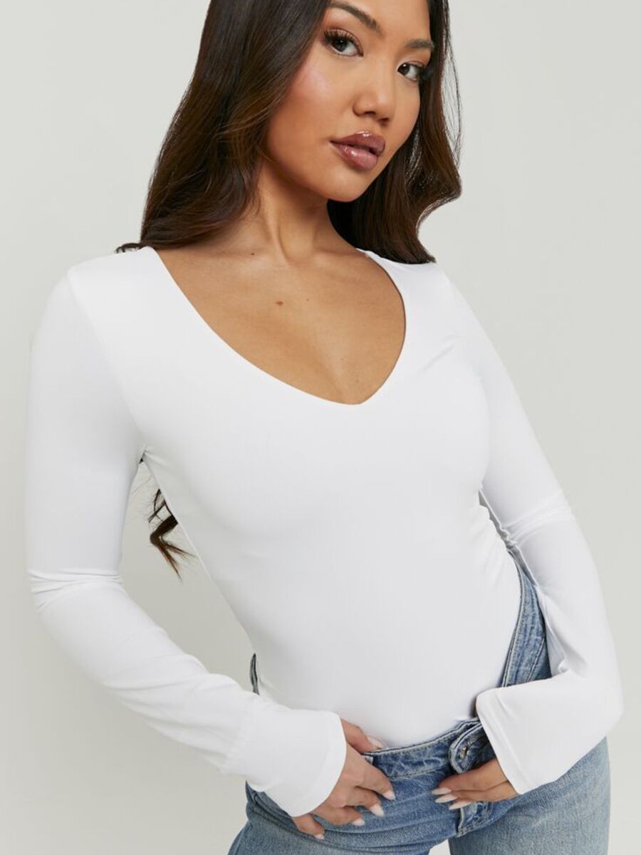 Weisses Longsleeve mit tiefem V-Ausschnitt aus reiner Baumwolle, Regular Fit_3