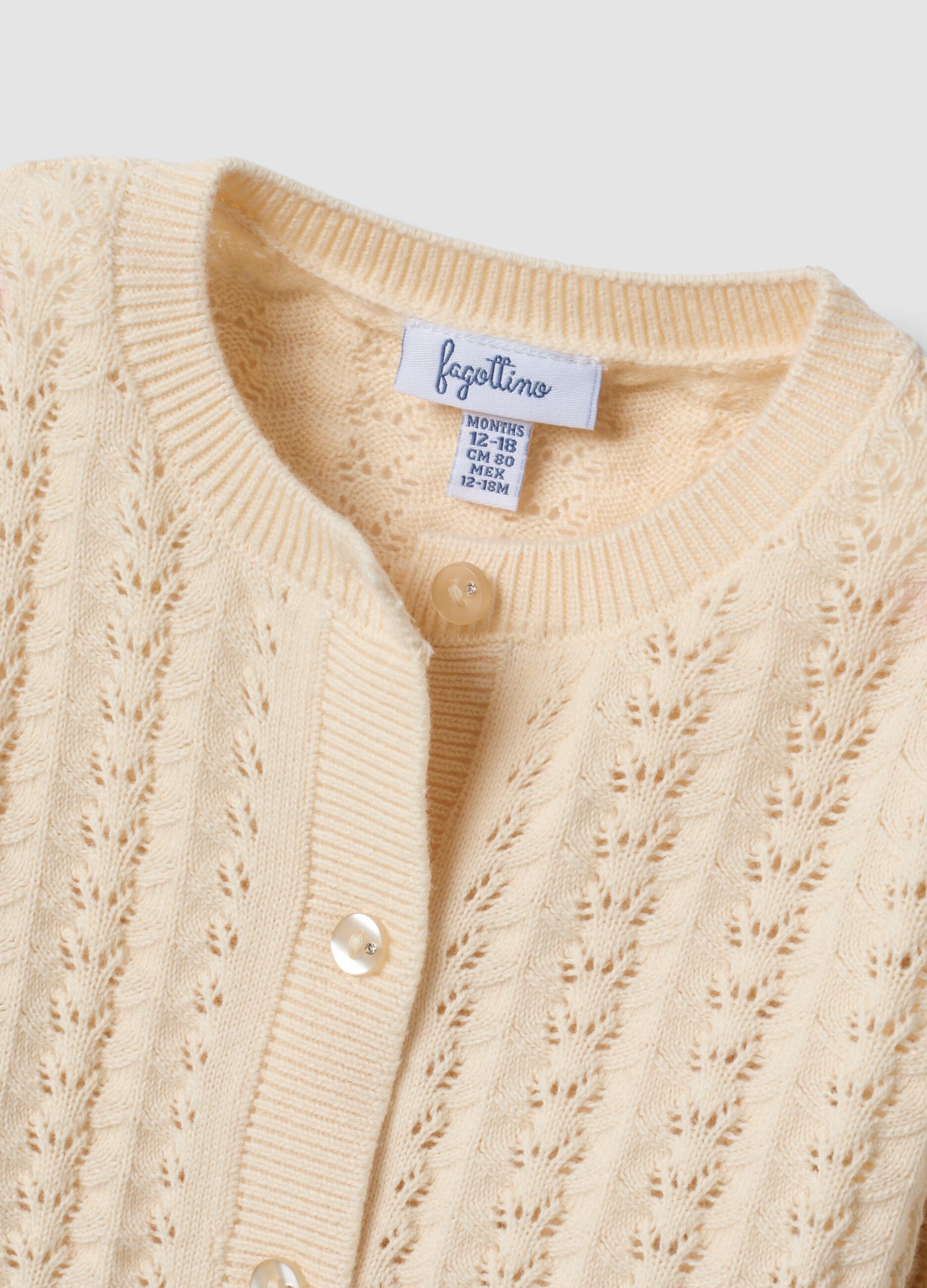 Beige pure cotton openwork knit cardigan for baby girl