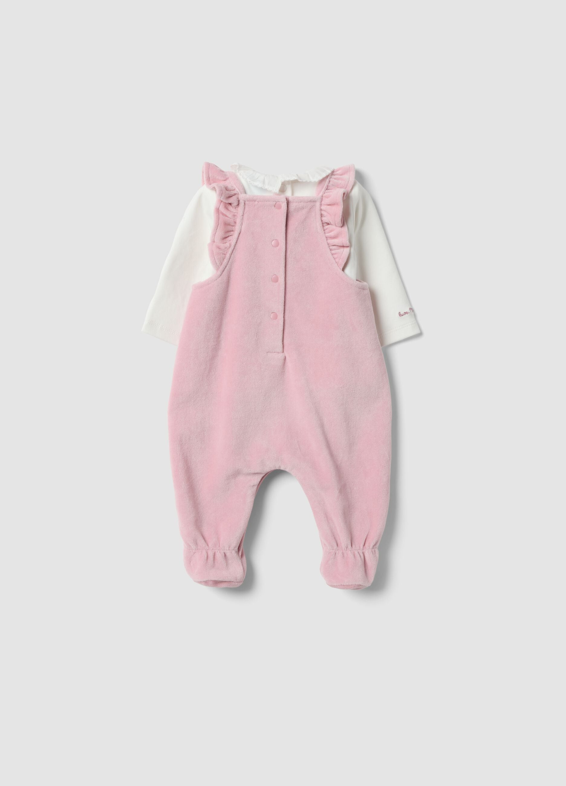 Conjunto rosa e branco em mistura de algod&atilde;o org&acirc;nico com bordado da Minnie para beb&eacute; menina