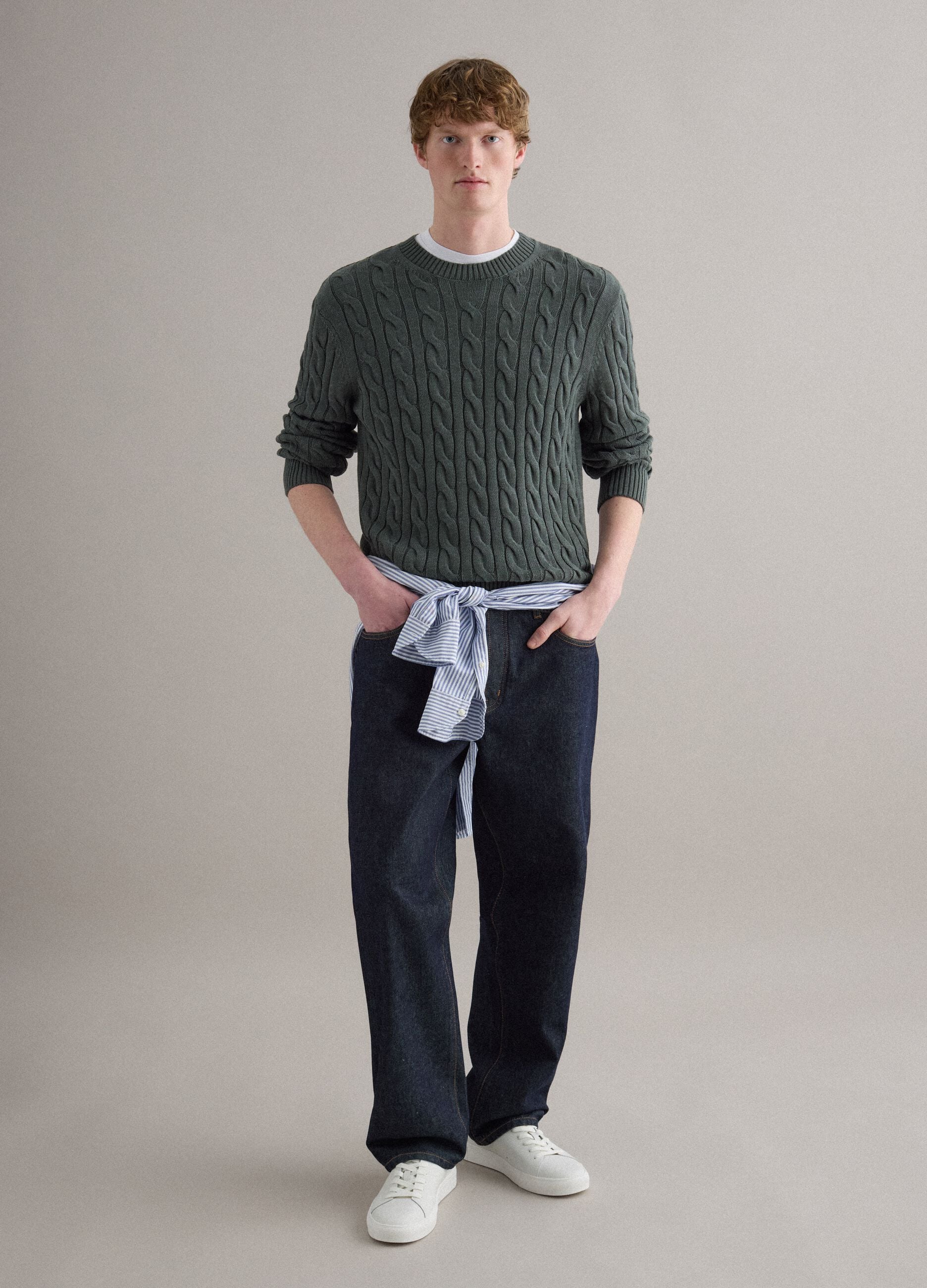 Green pure cotton regular fit jumper with woven design
