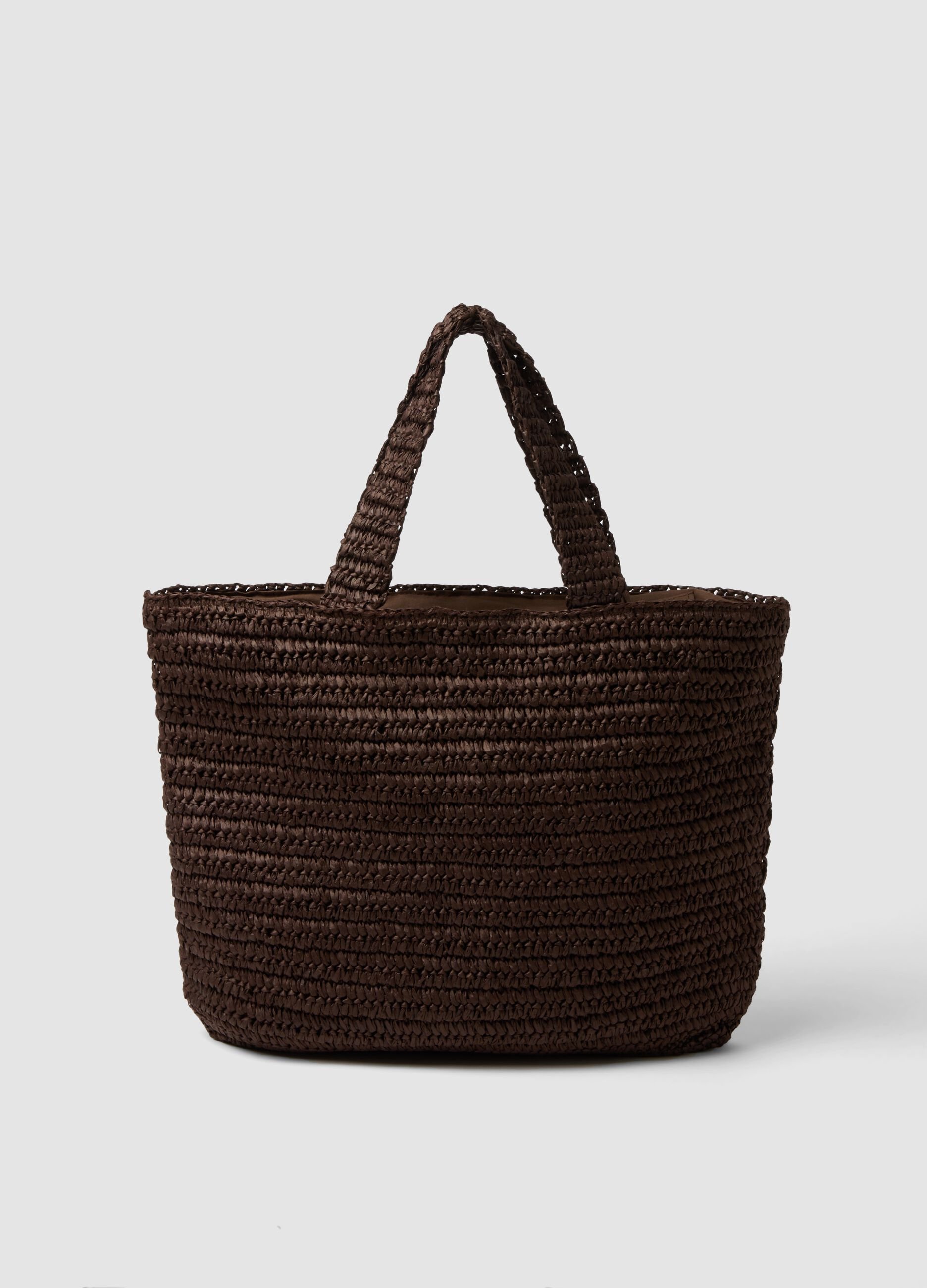 Brown woven paper fabric bag with internal pocket