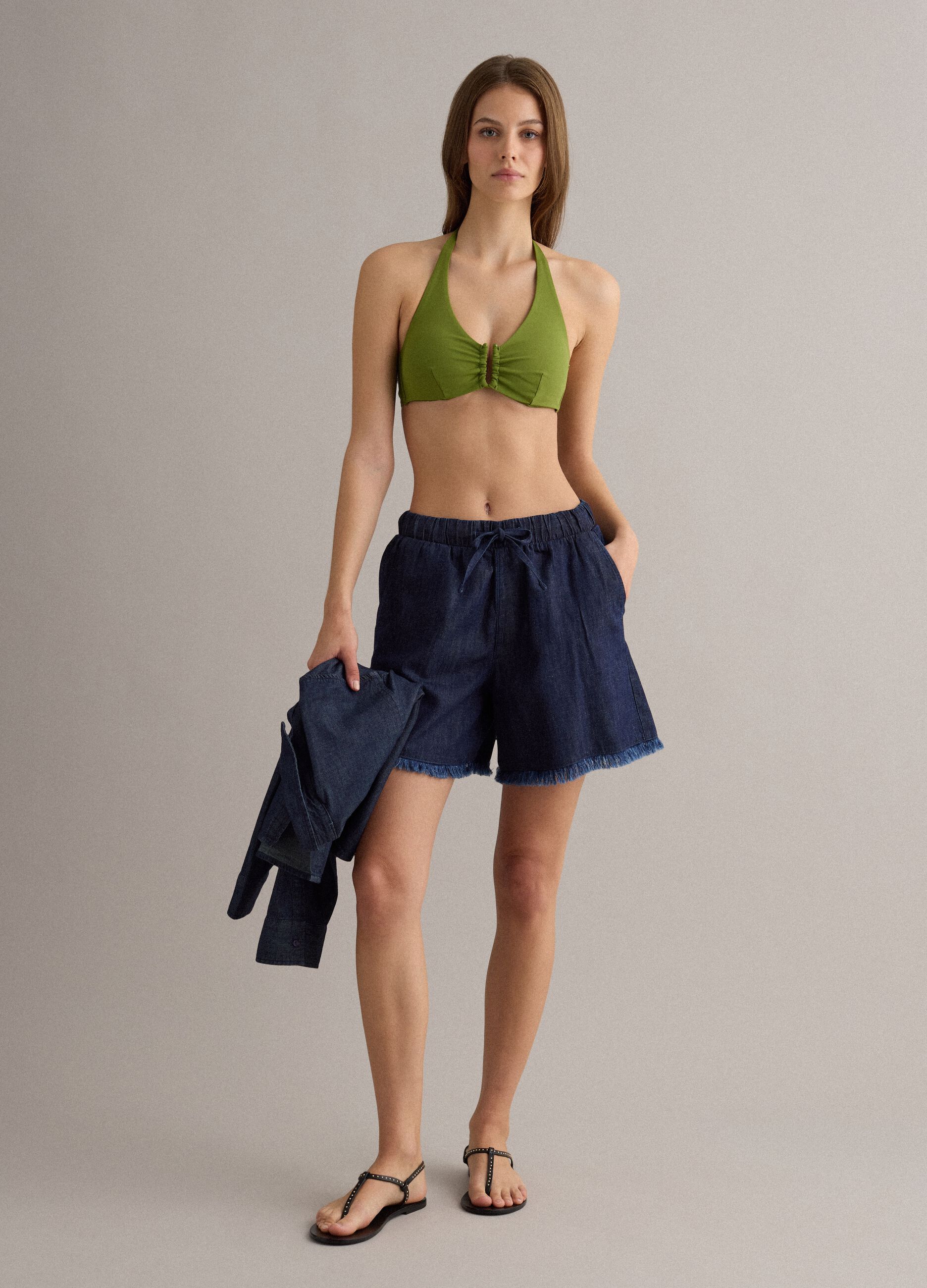 Green triangle bikini top in stretch fabric