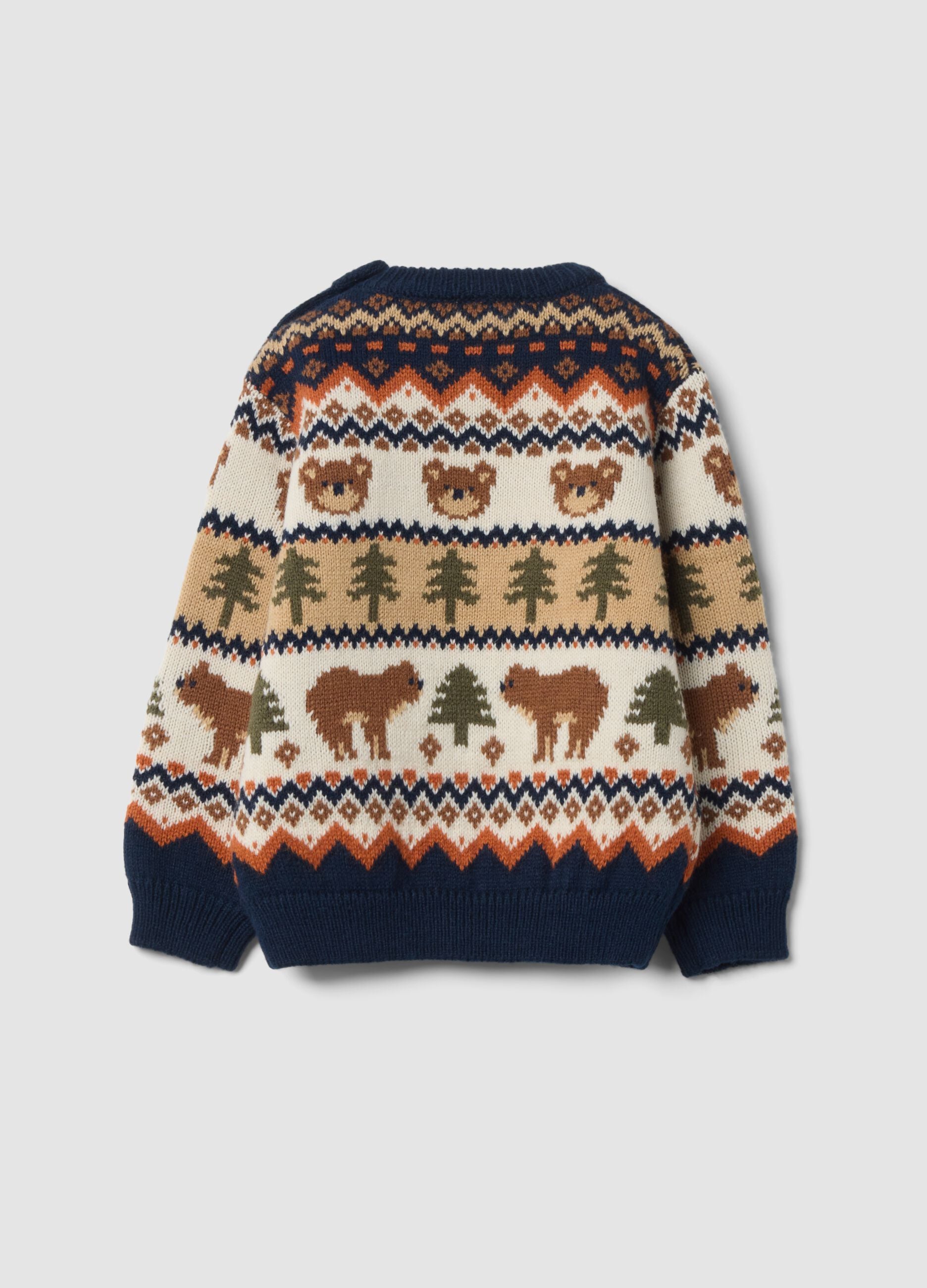 Navy and ivory jacquard wool-blend crew-neck jumper