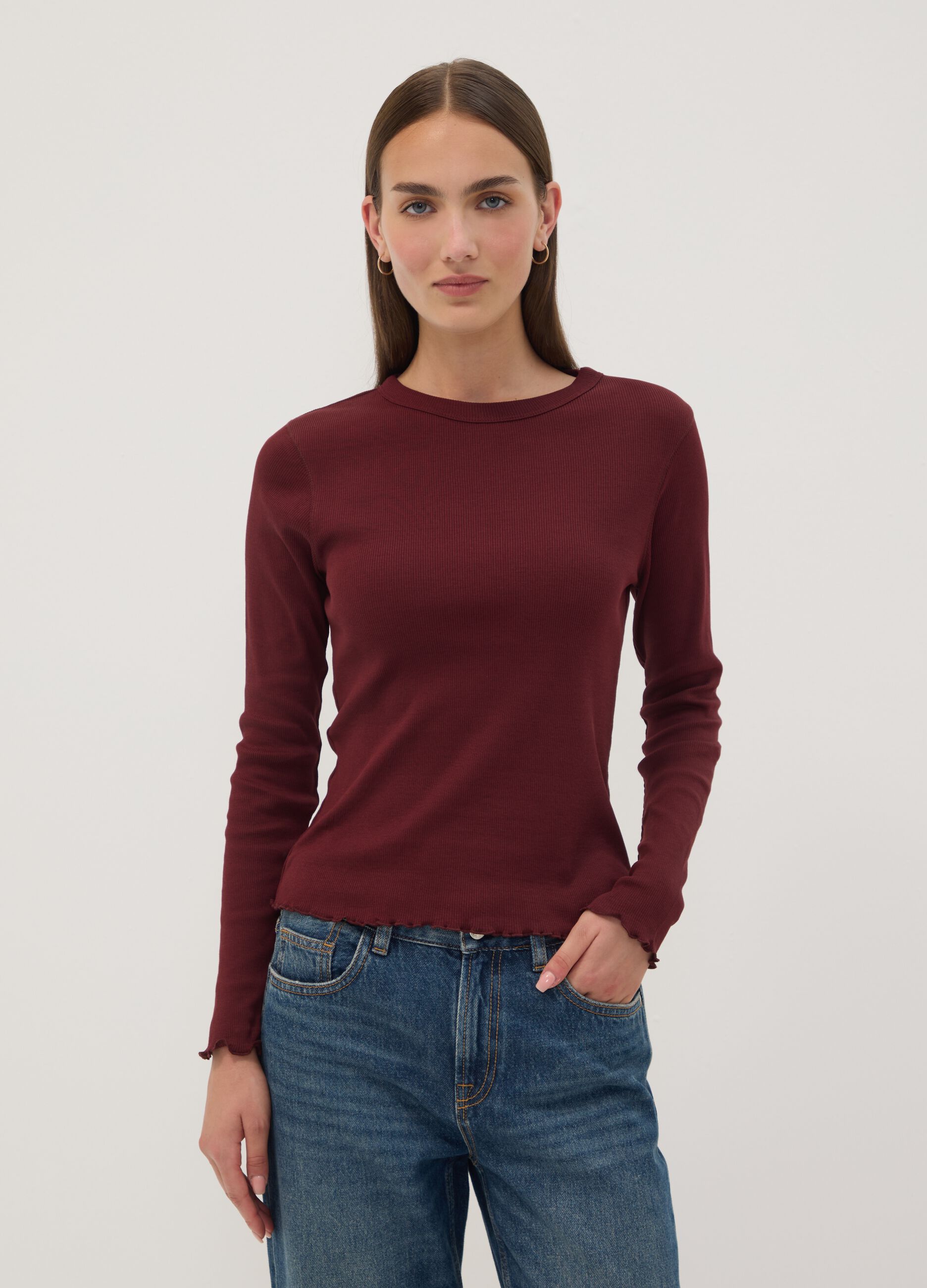 Burgundy pure cotton long-sleeve crew-neck T-shirt, regular fit