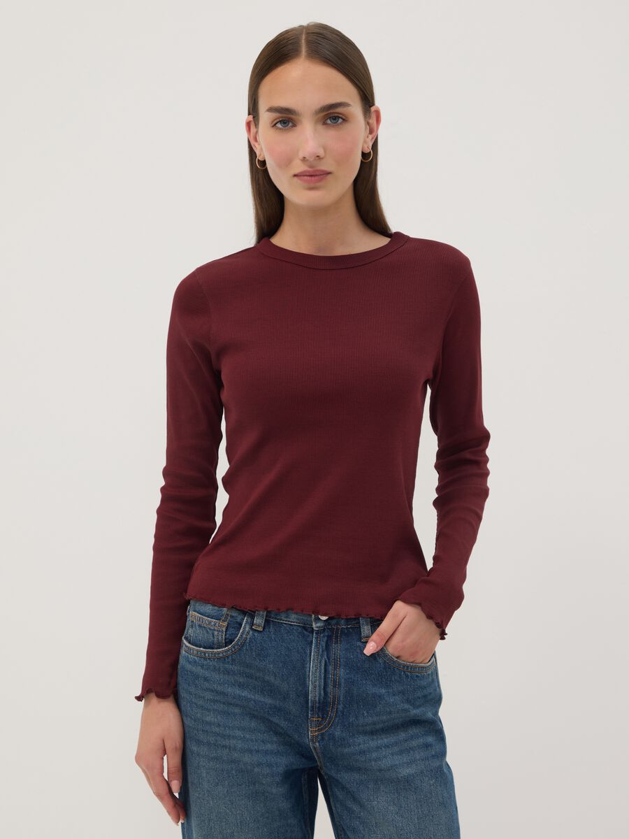 Burgundy pure cotton long-sleeve crew-neck T-shirt, regular fit_0
