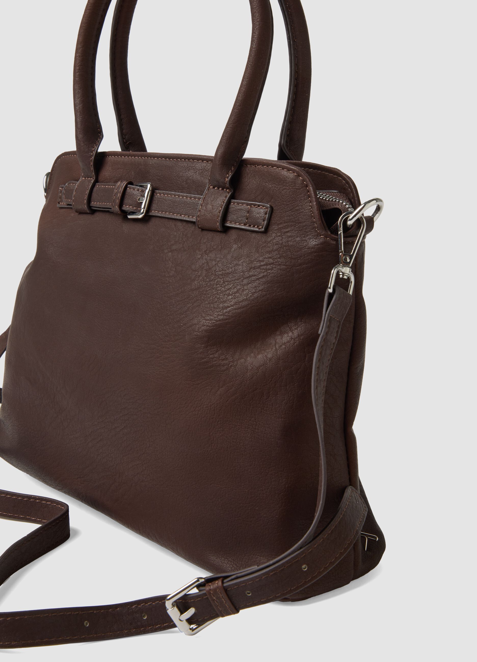 Brown handbag with double handles and shoulder strap