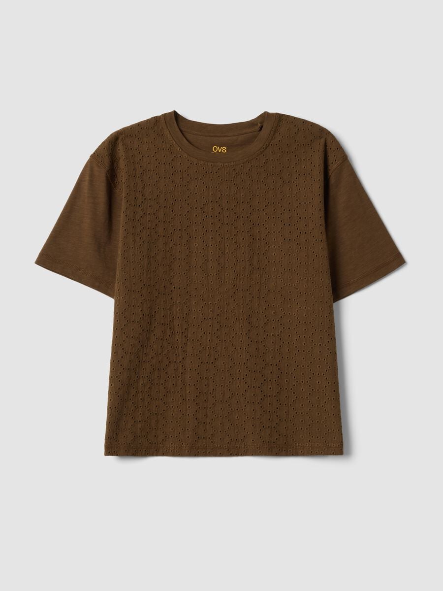 Camiseta marr&oacute;n de puro algod&oacute;n con bordado sangallo_4