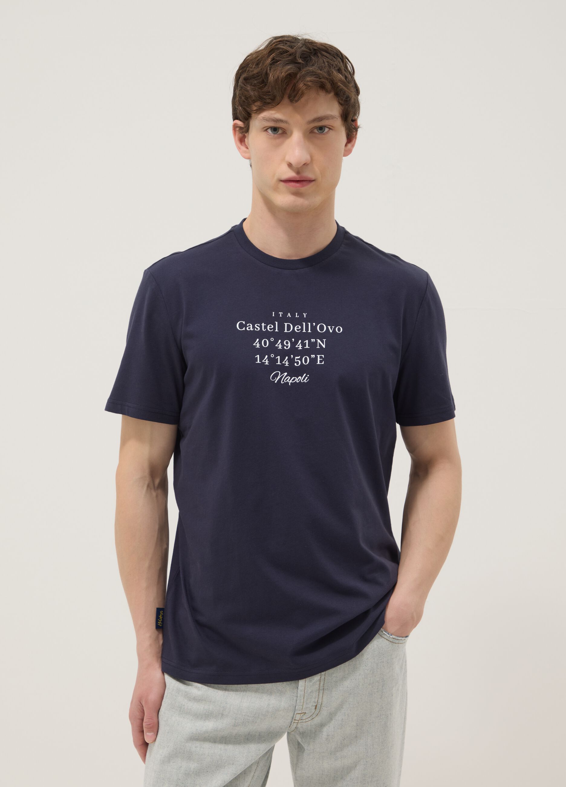 Blaues T-Shirt aus reiner Baumwolle mit kurzen &Auml;rmeln, Regular Fit