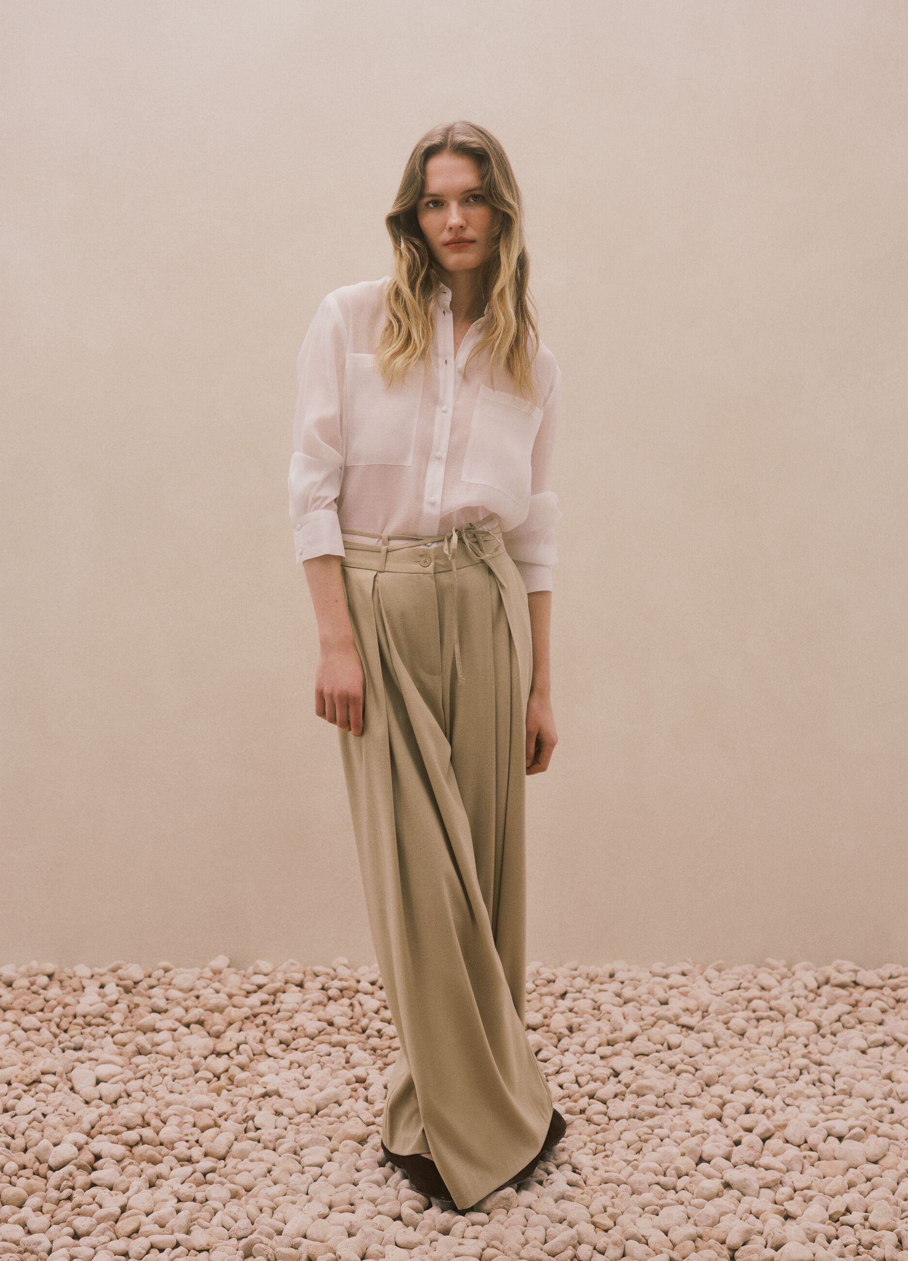Beige viscose blend flare trousers