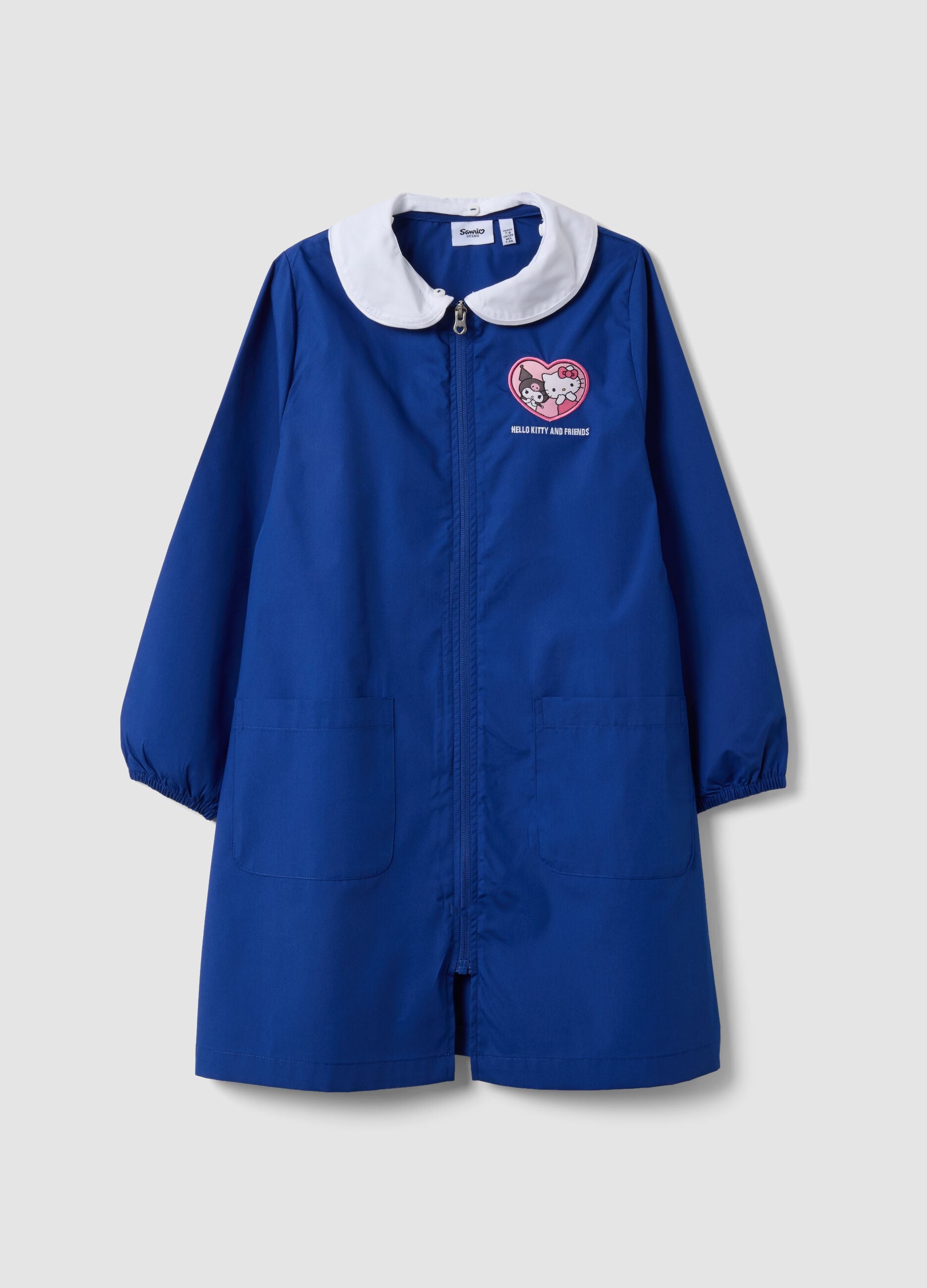 Blue girls&rsquo; school apron with Hello Kitty embroidery