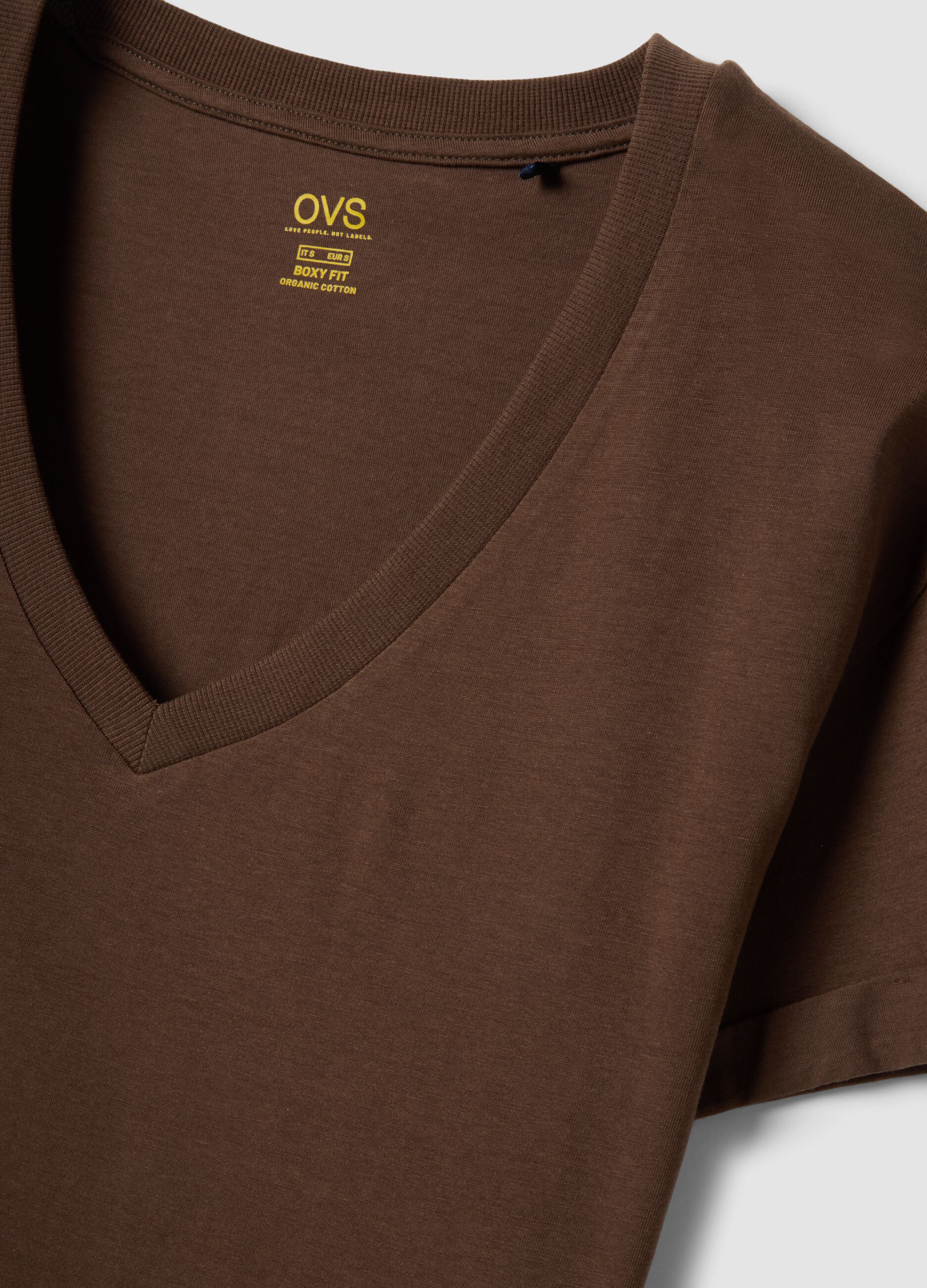 Brown pure cotton V-neck relaxed fit T-shirt