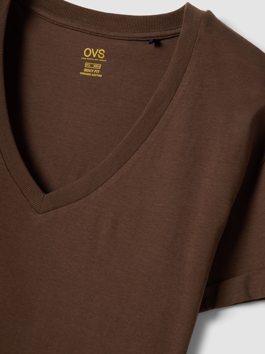 Brown pure cotton V-neck relaxed fit T-shirt_5