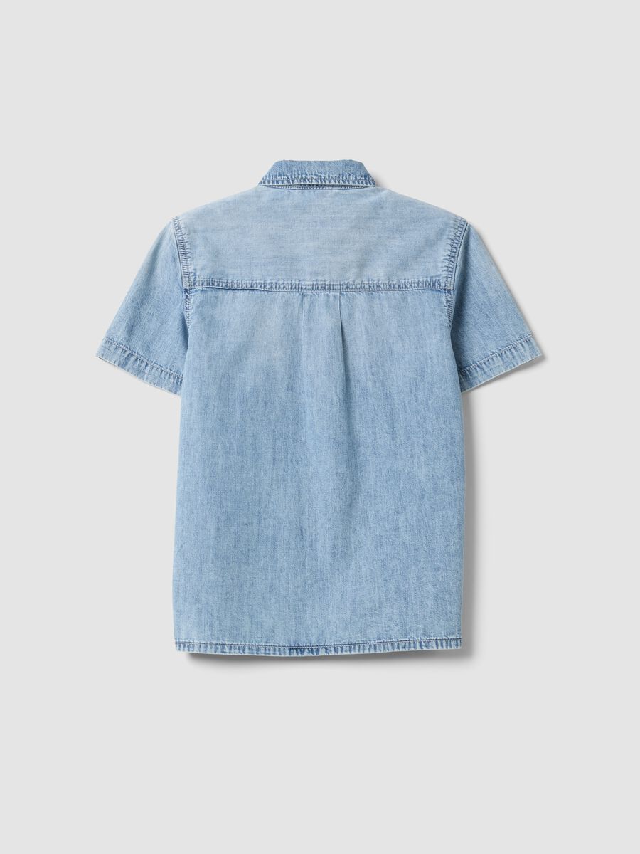 Light blue short-sleeve pure cotton denim shirt_1