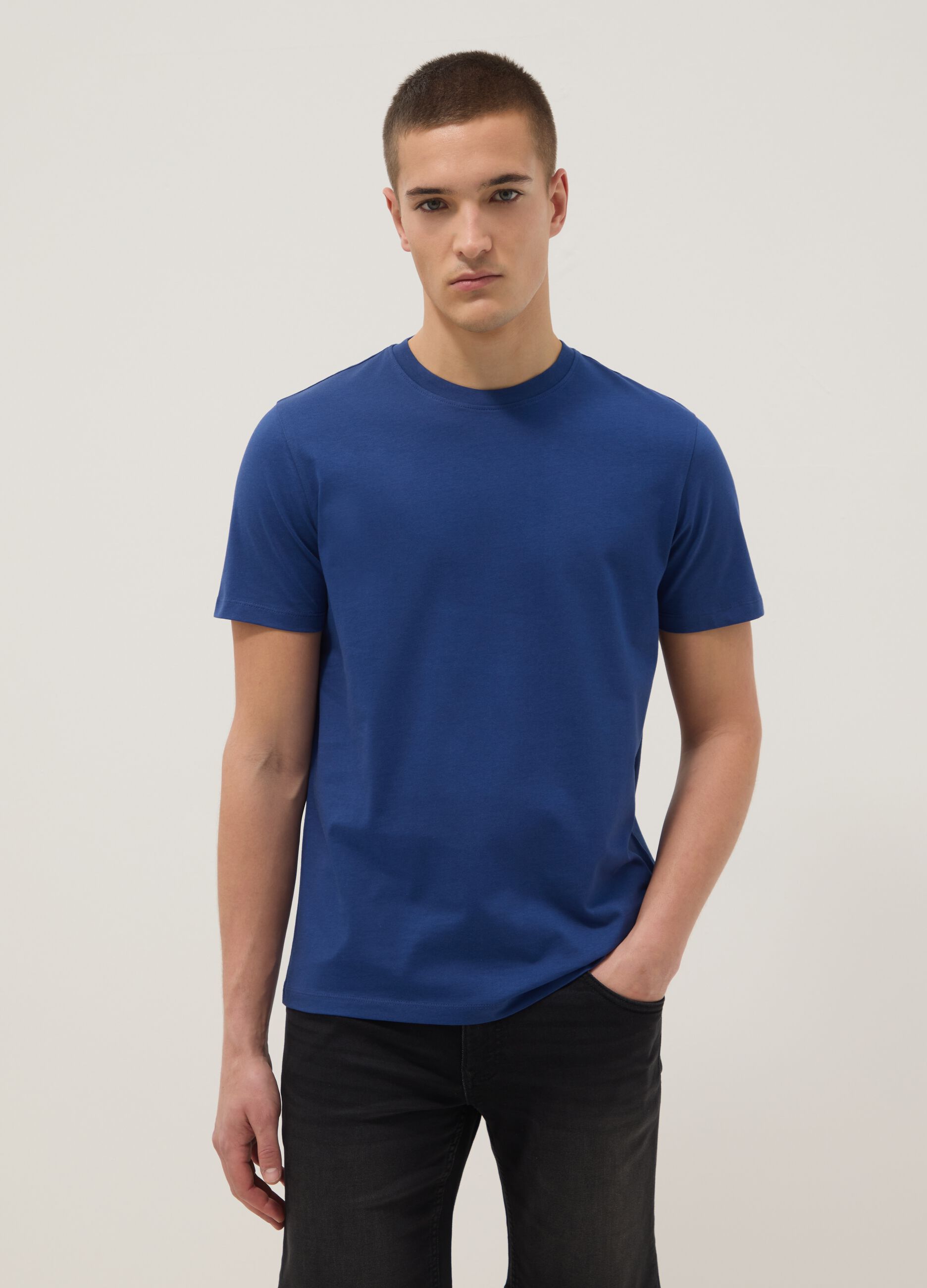 Short sleeve blue pure cotton regular fit t-shirt