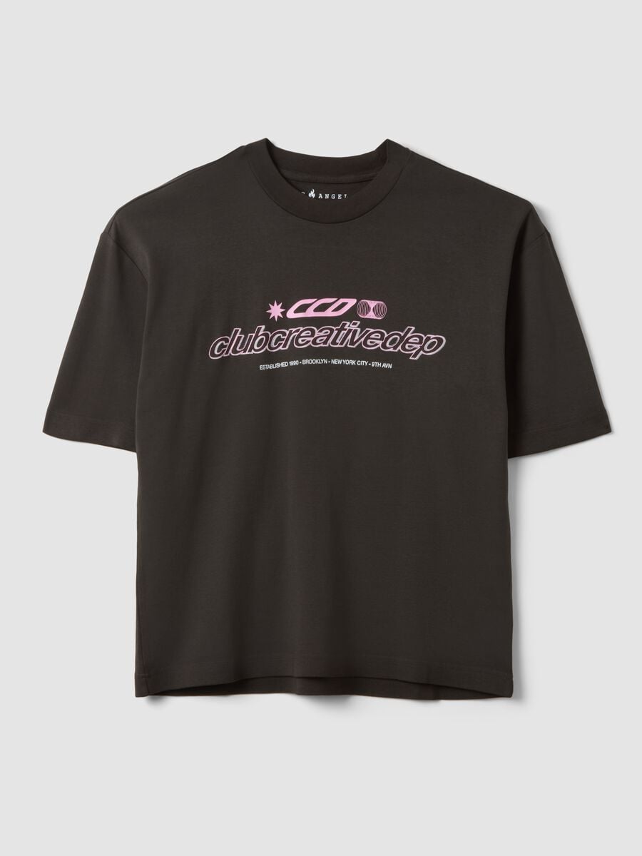 Brown cropped pure cotton T-shirt with front print, boxy fit_4
