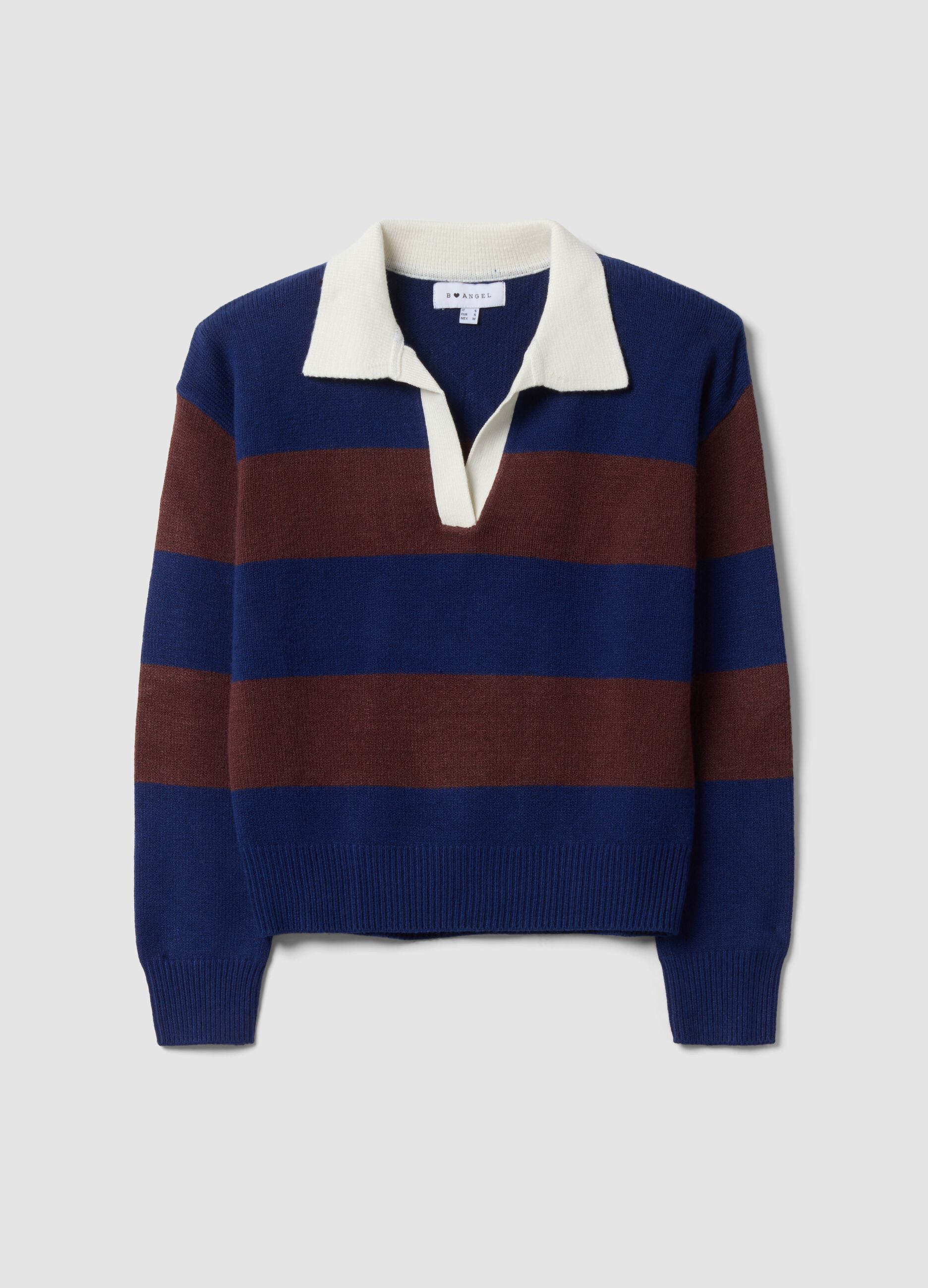 Blauer, gestreifter Pullover aus Viskosemix mit Polokragen, Regular Fit