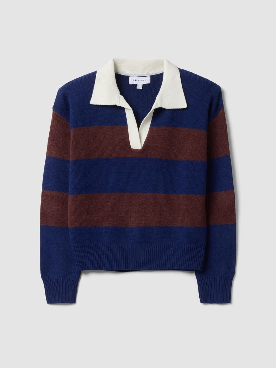 Blauer, gestreifter Pullover aus Viskosemix mit Polokragen, Regular Fit_0