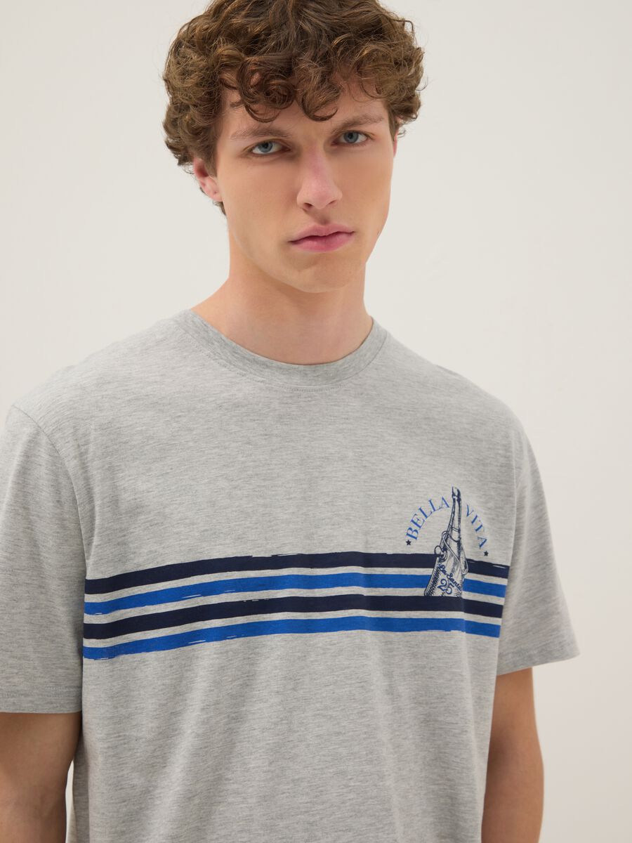 Grey pure cotton T-shirt with blue stripes_2