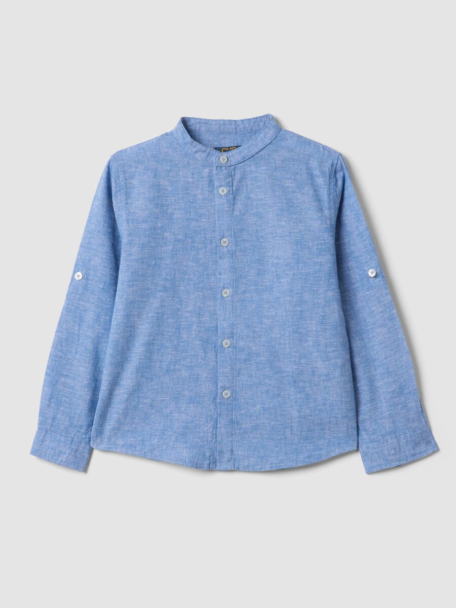 Boys&rsquo; blue linen and cotton-blend shirt with Mandarin collar, regular fit_0