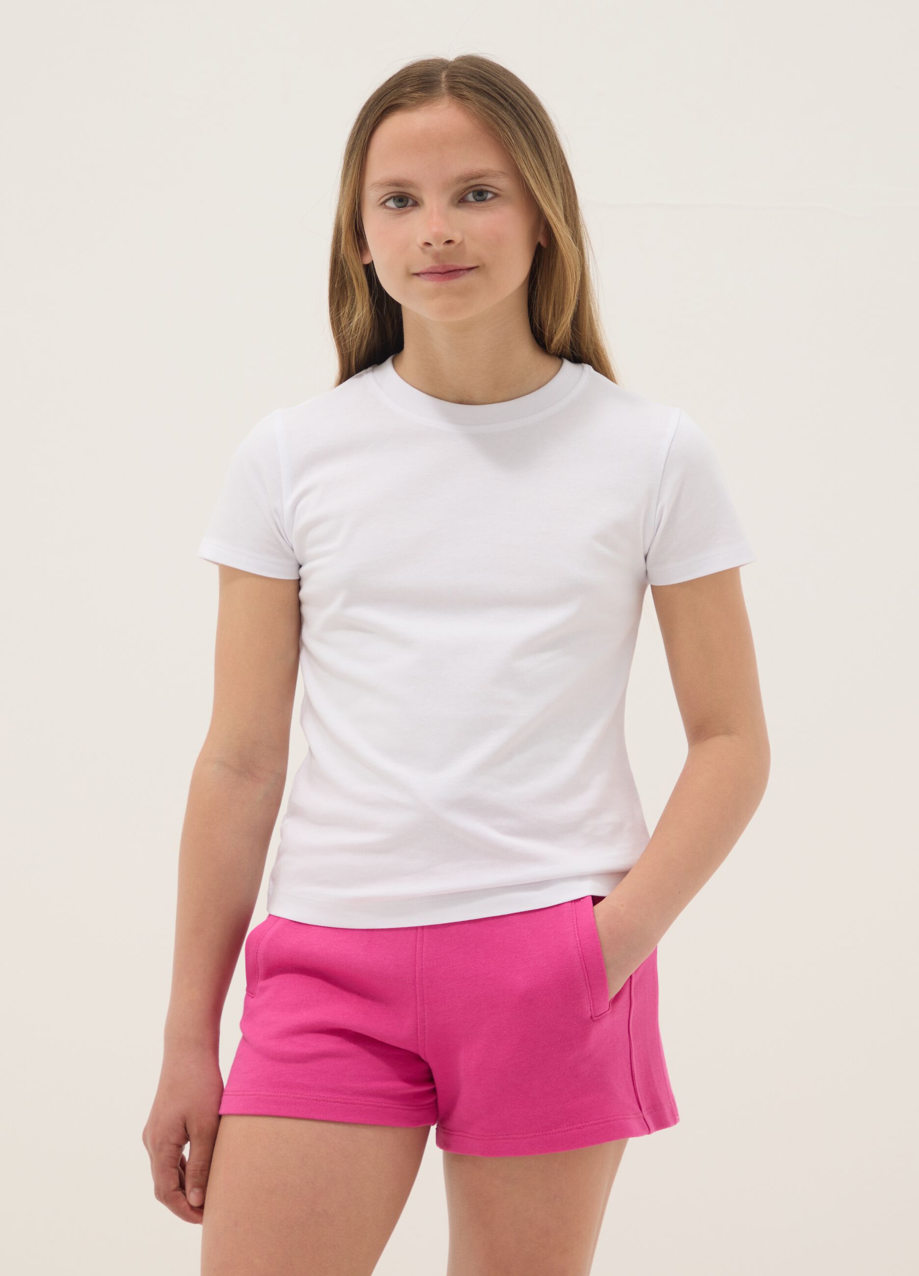 T-shirt branca de algod&atilde;o puro para rapariga, corte regular
