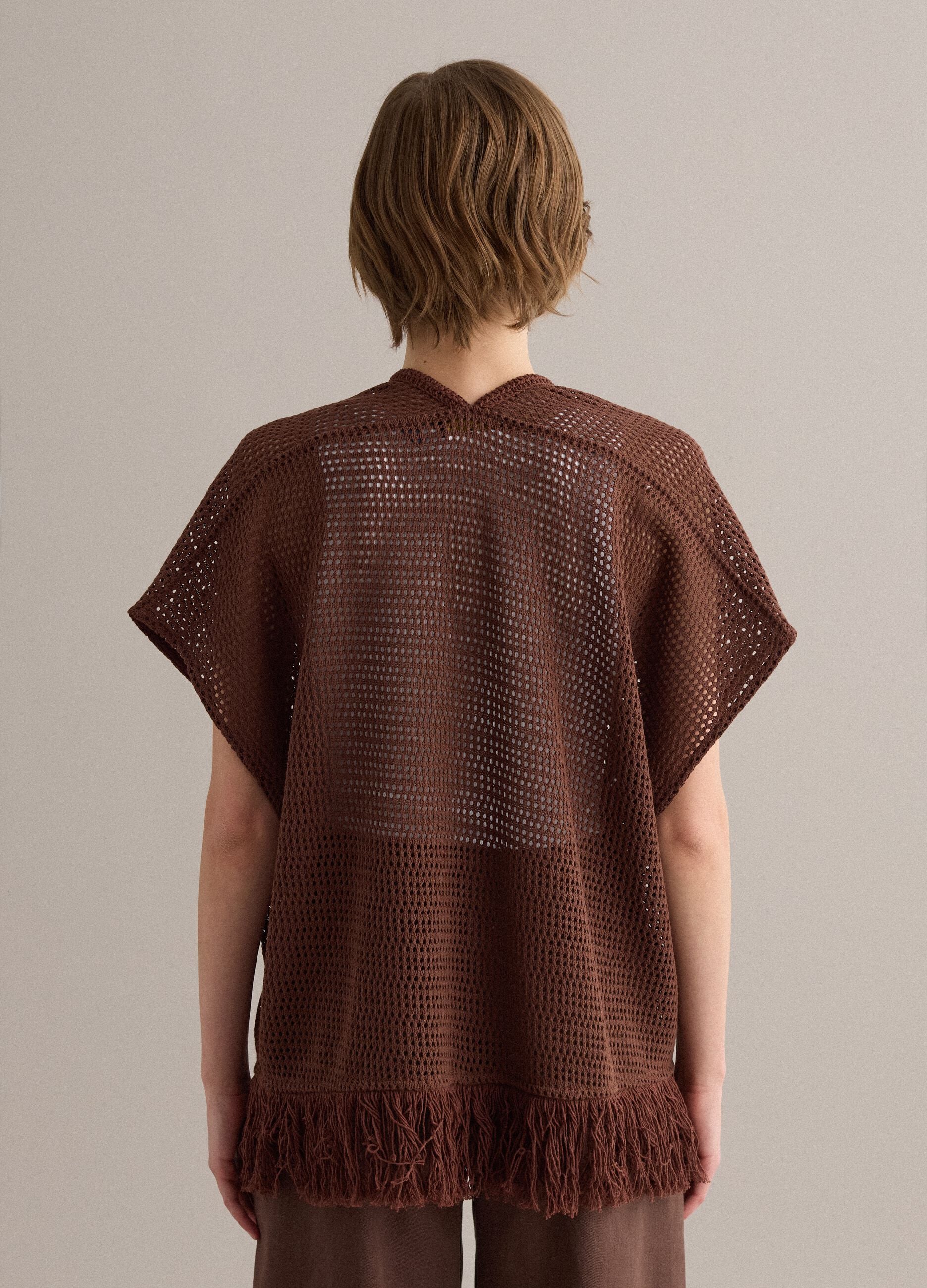 Brown fringed mesh-knit viscose-blend cardigan