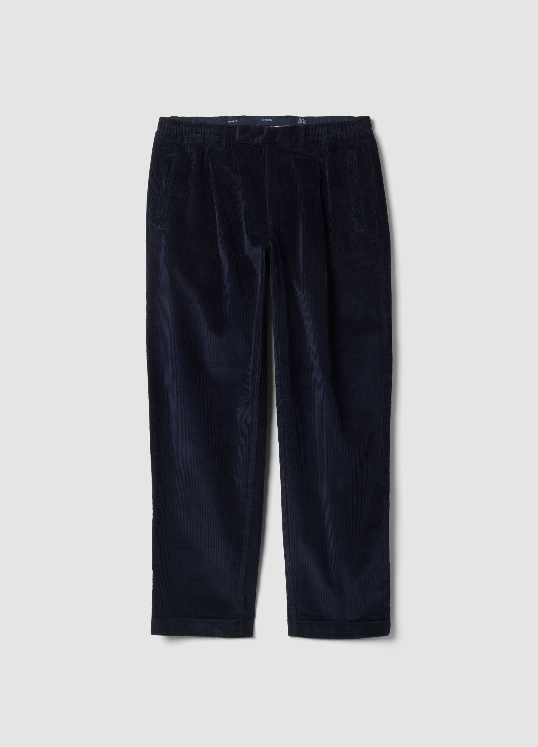 Pantaloni chino blu in cotone elasticizzato baggy fit a coste