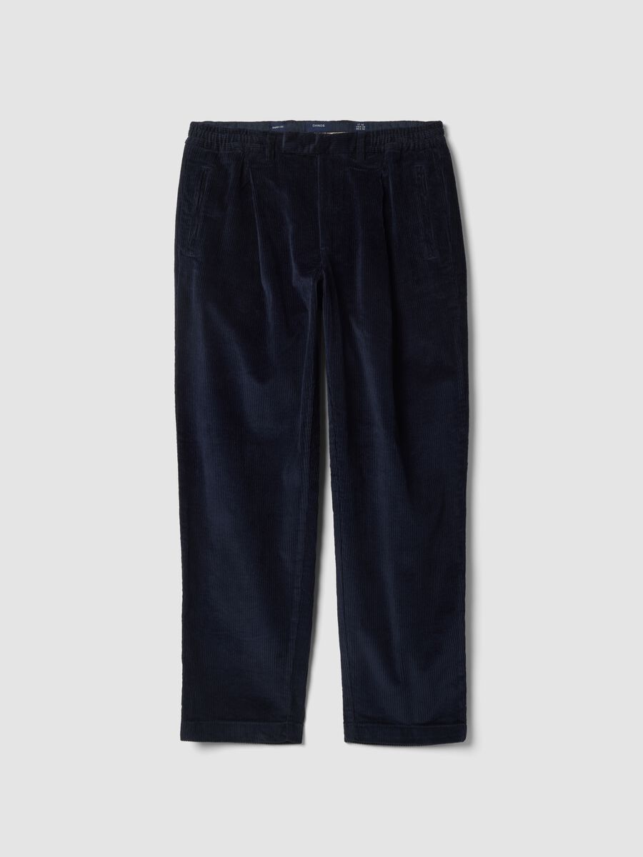 Pantaloni chino blu in cotone elasticizzato baggy fit a coste_0