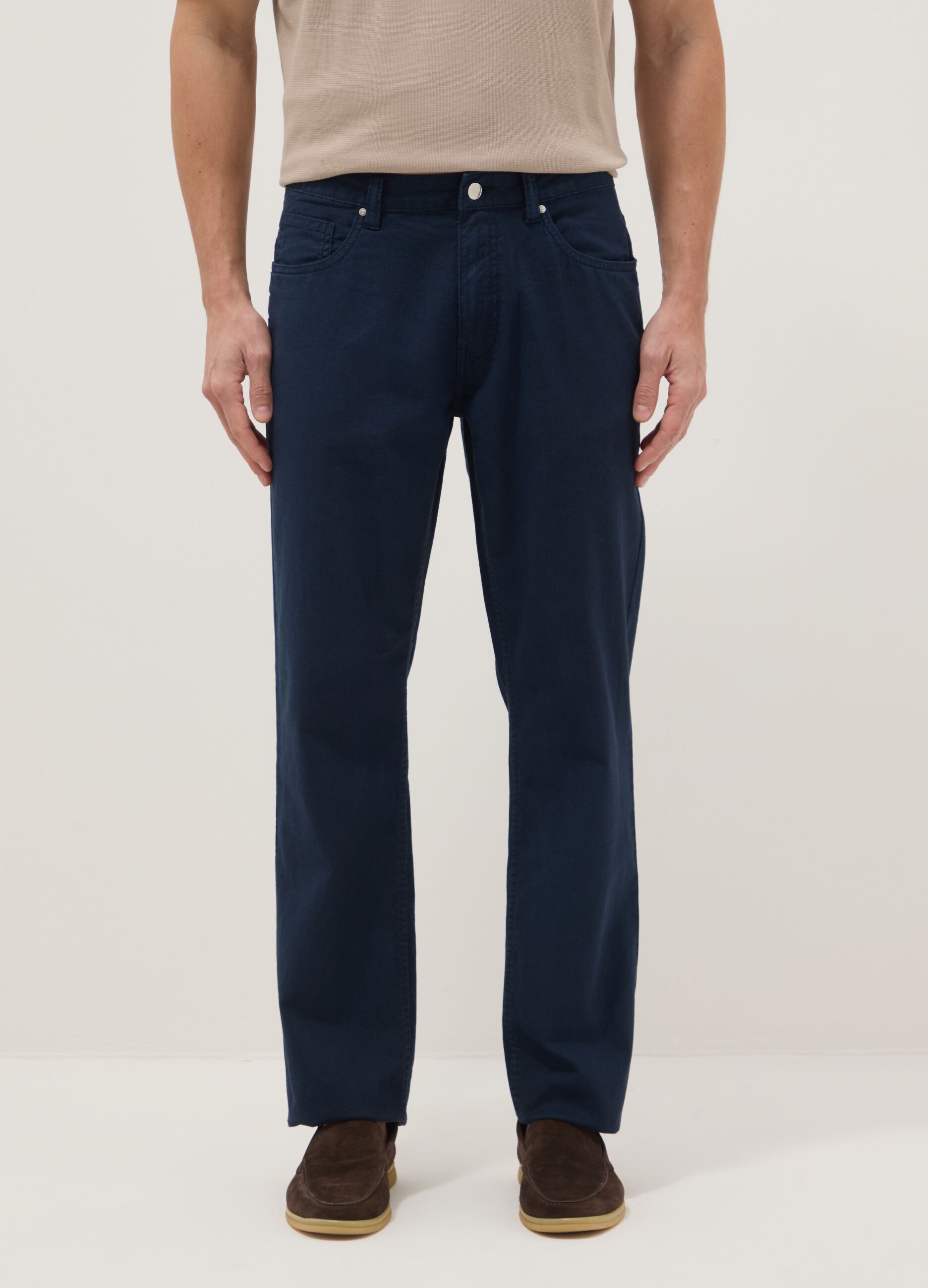 Casual blue linen-cotton blend trousers, regular fit