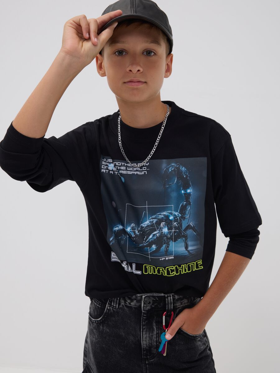 Black pure cotton crew-neck T-shirt with print_0