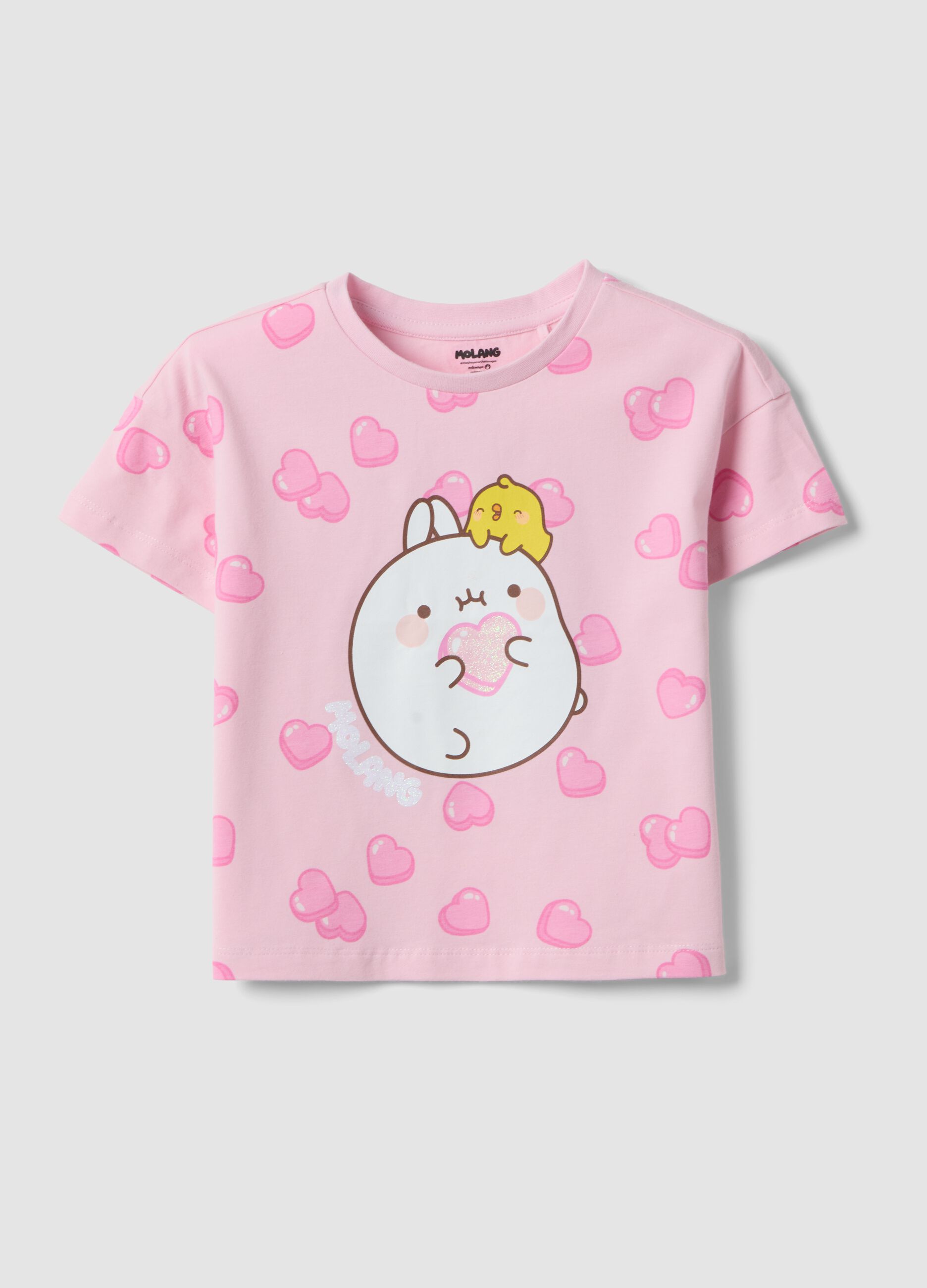 Pink stretch cotton T-shirt with print for girls