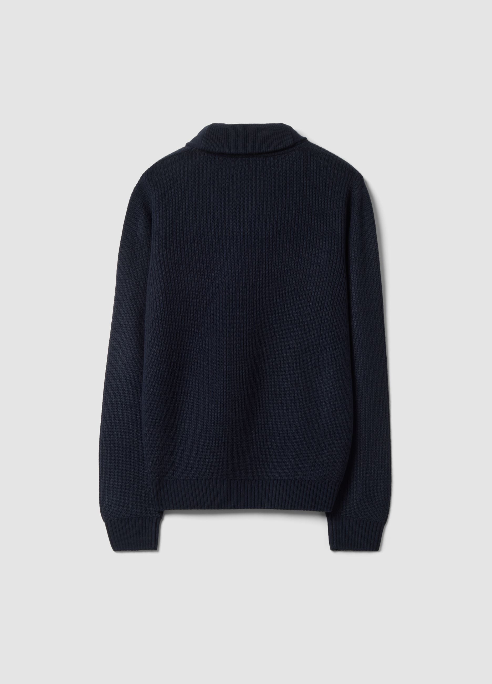 Blue ribbed shawl-collar jumper, regular fit