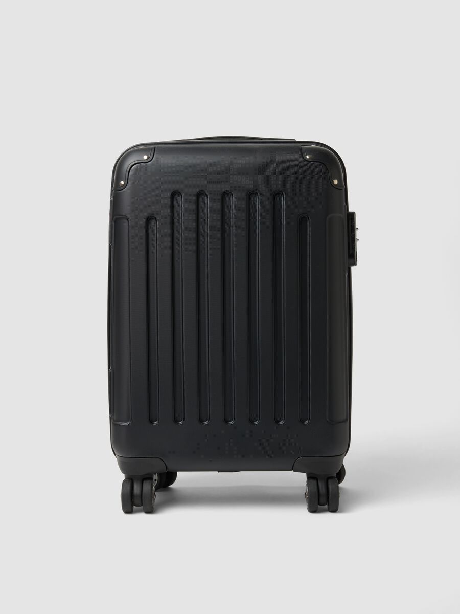 Black hard-shell travel suitcase with wheels_0