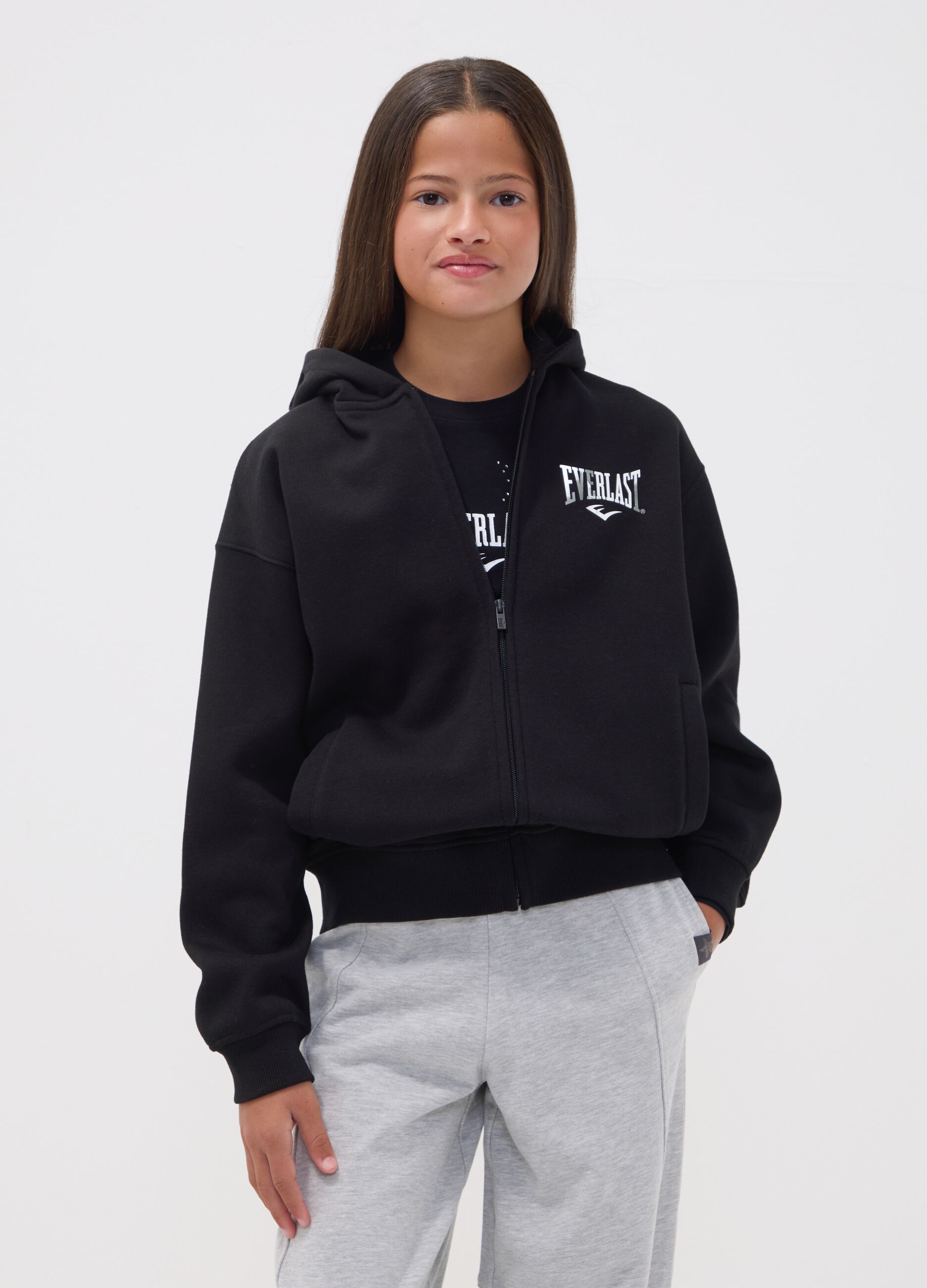 Girls&rsquo; black cotton-blend zip hoodie, regular fit