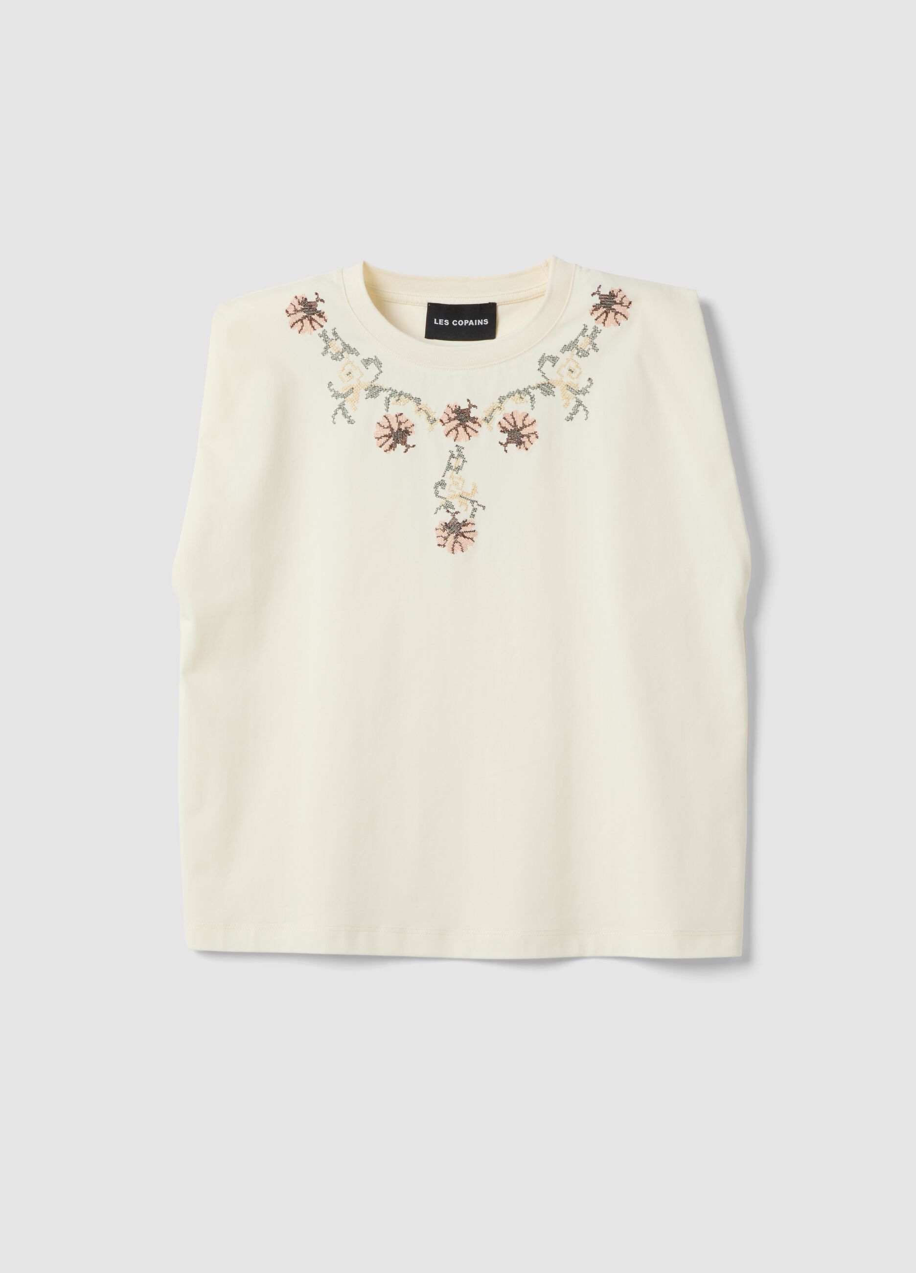 Sleeveless white cotton blend regular fit t-shirt with embroidery