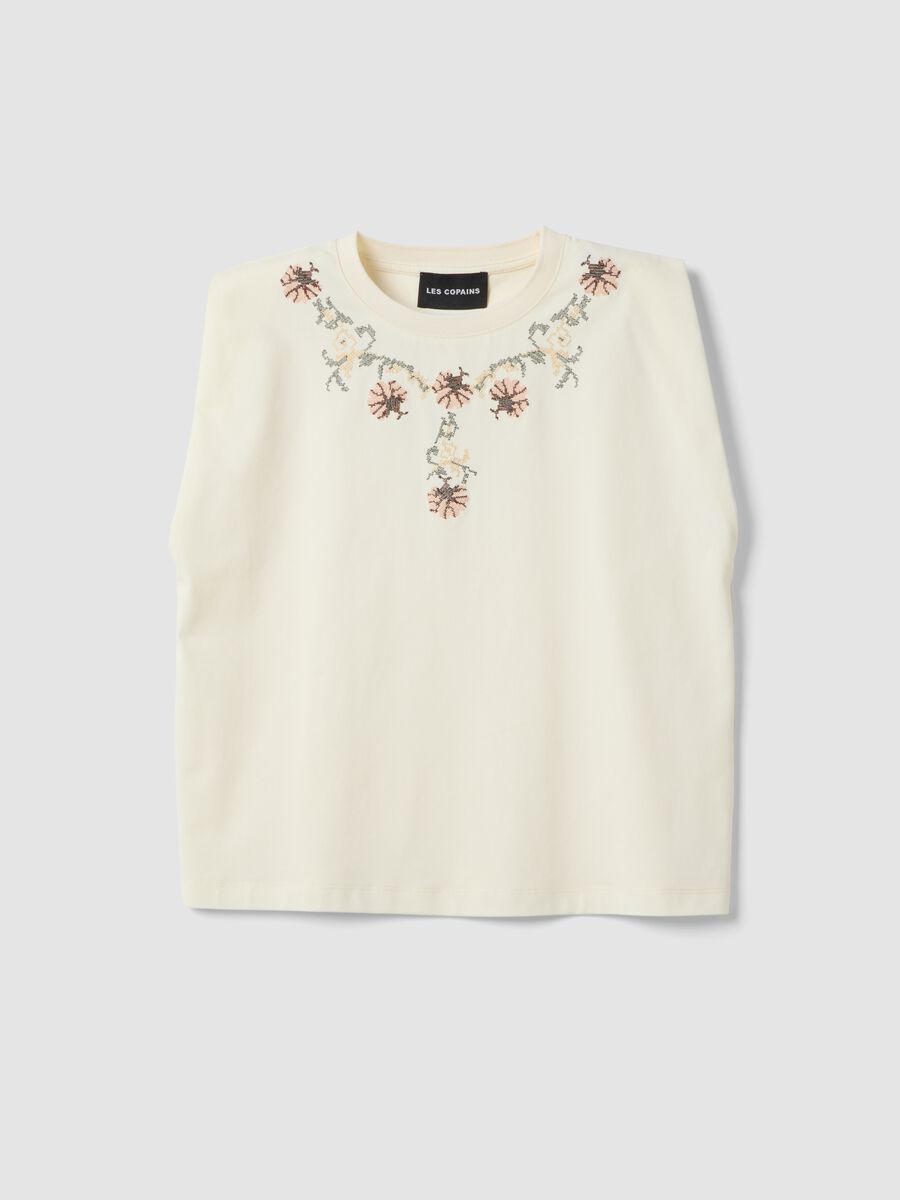 &Auml;rmelloses wei&szlig;es Baumwollmischung Regular Fit T-Shirt mit Stickereien_0