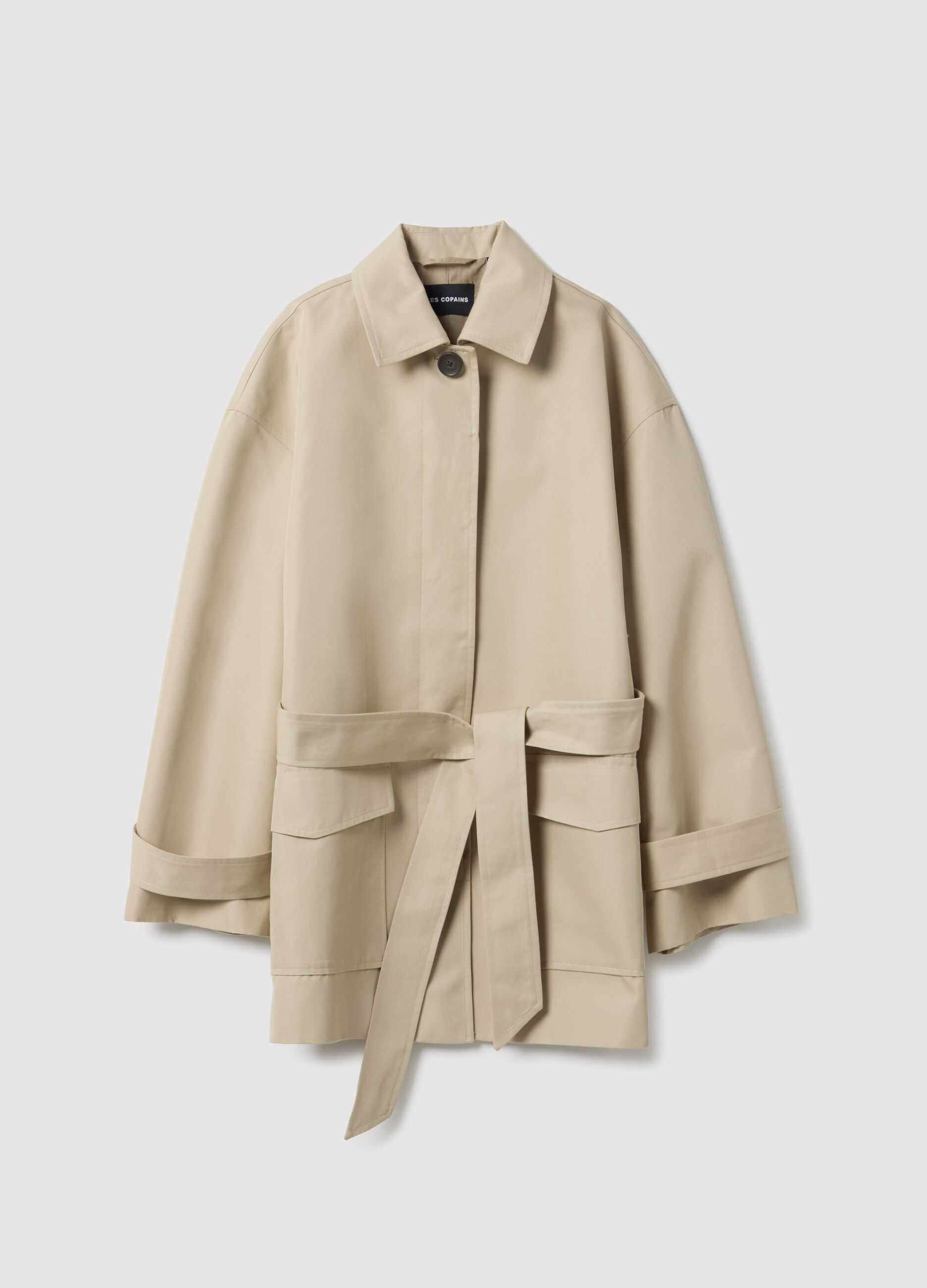 Beige cotton blend regular fit trench with belt