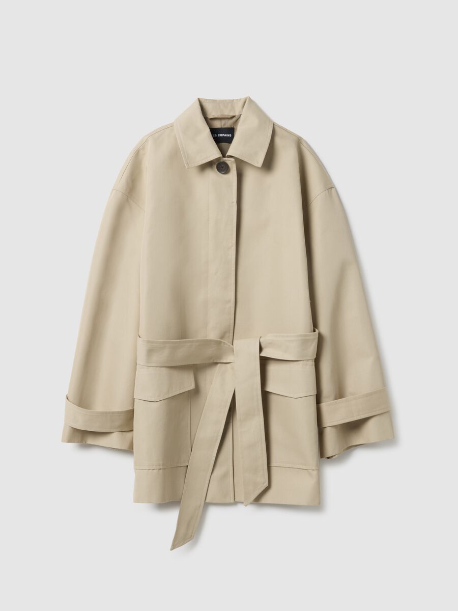 Beige cotton blend regular fit trench with belt_0