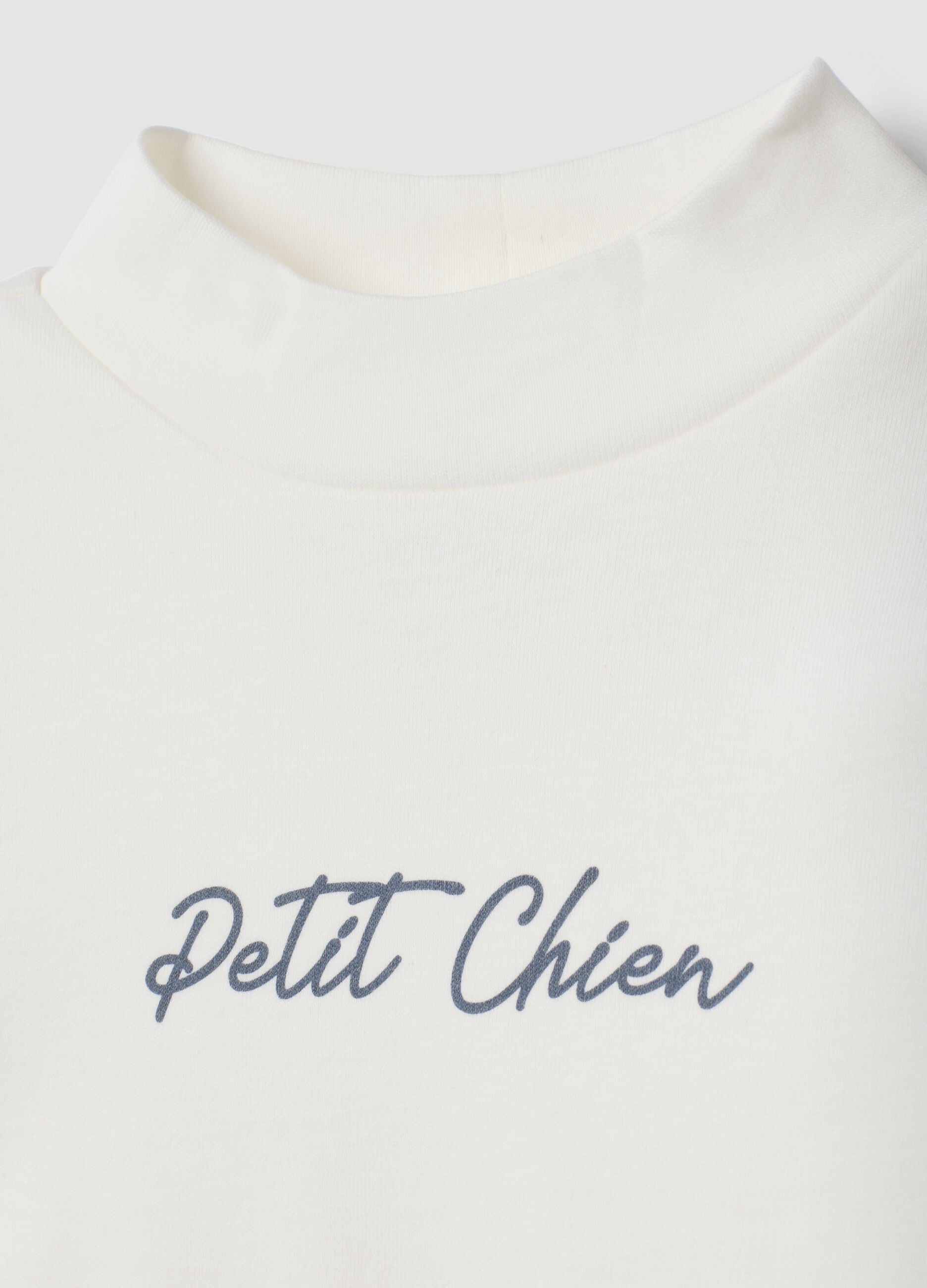 T-shirt bianca con collo rialzato in puro cotone organico con stampa