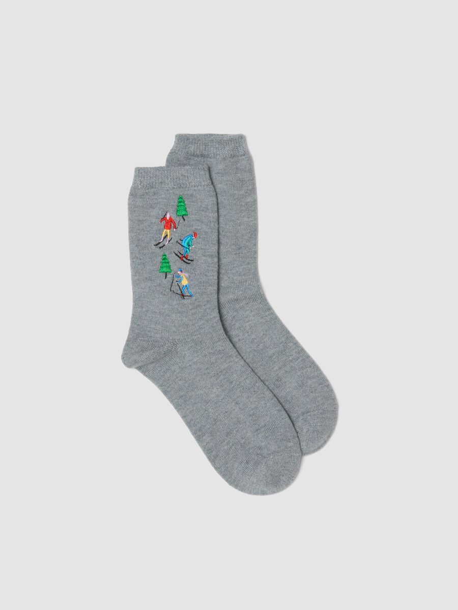 Calzini grigio chiaro melange in misto lana elasticizzata ricamati_1