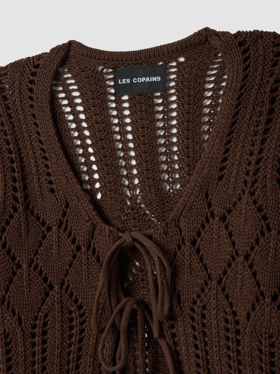 Brown pure cotton regular fit deep V openwork cardigan_5