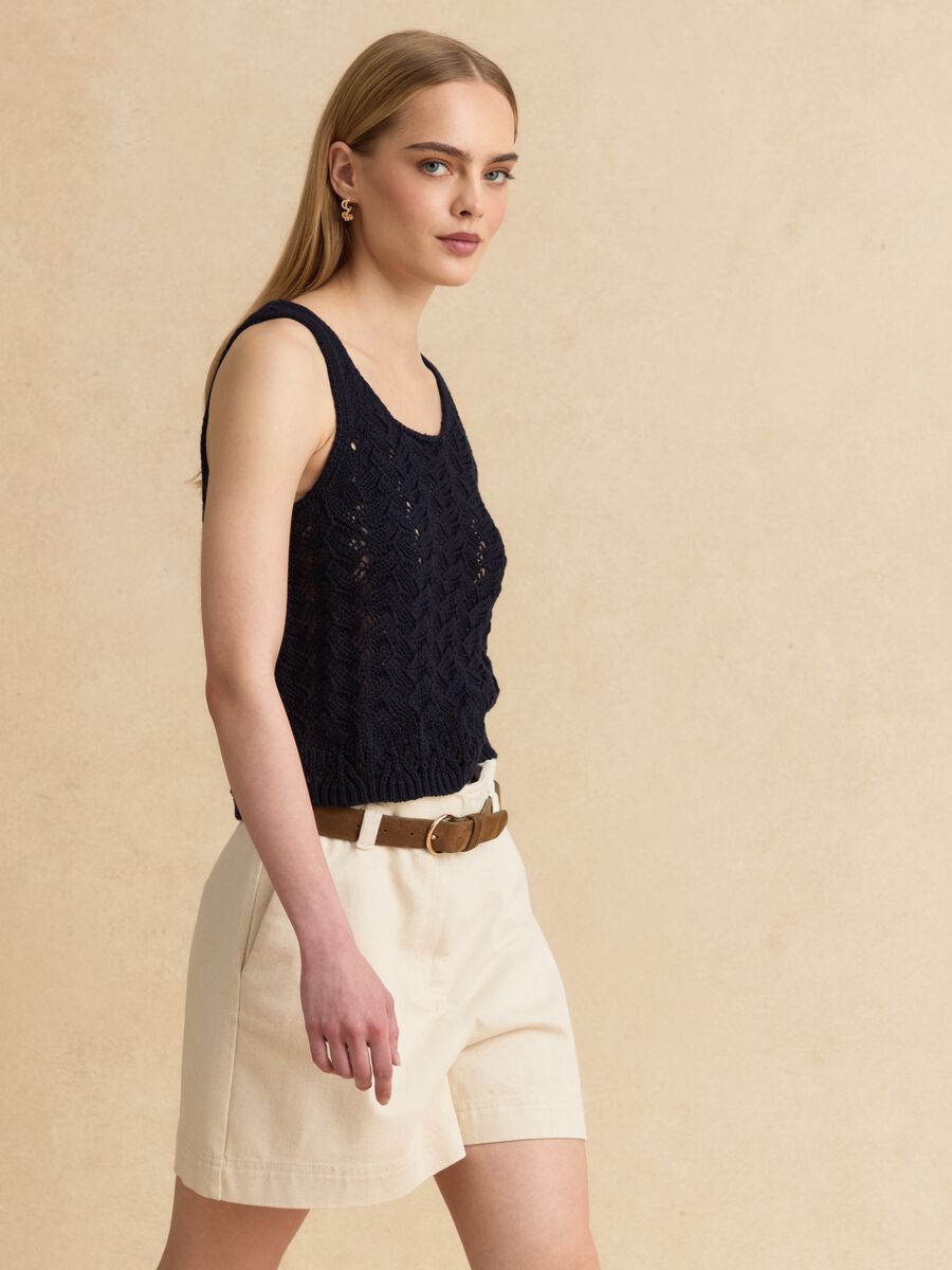 Blue pure-cotton crochet tank top_0