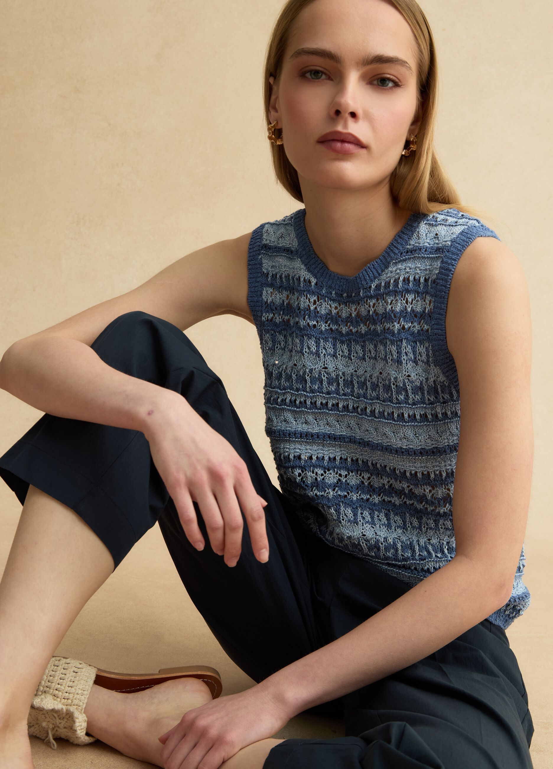 Regular Fit Tank-Top aus mehrfarbigem Baumwoll-Mix mit perforierter Textur