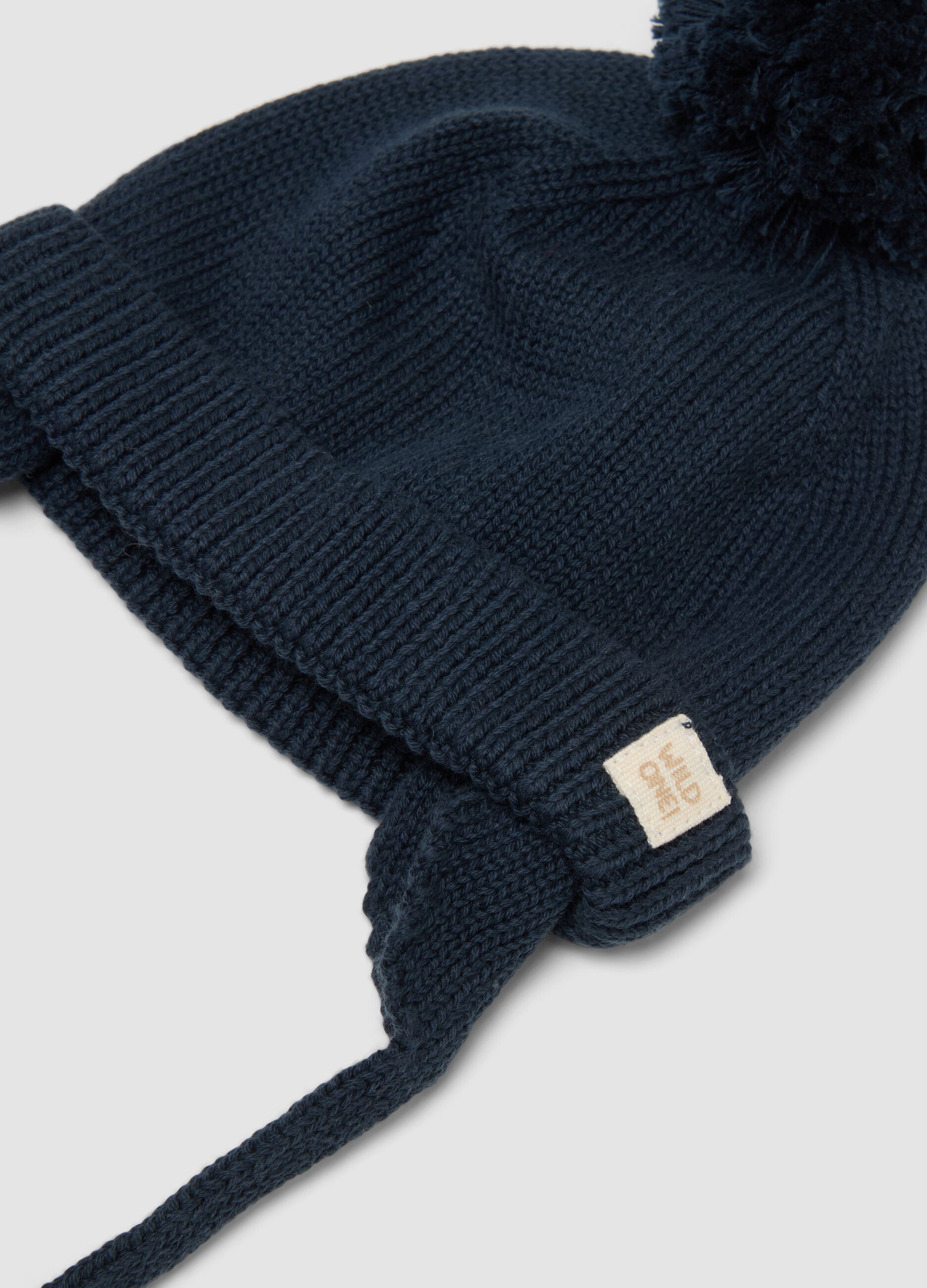 Blue pure cotton knitted hat with pom‑pom